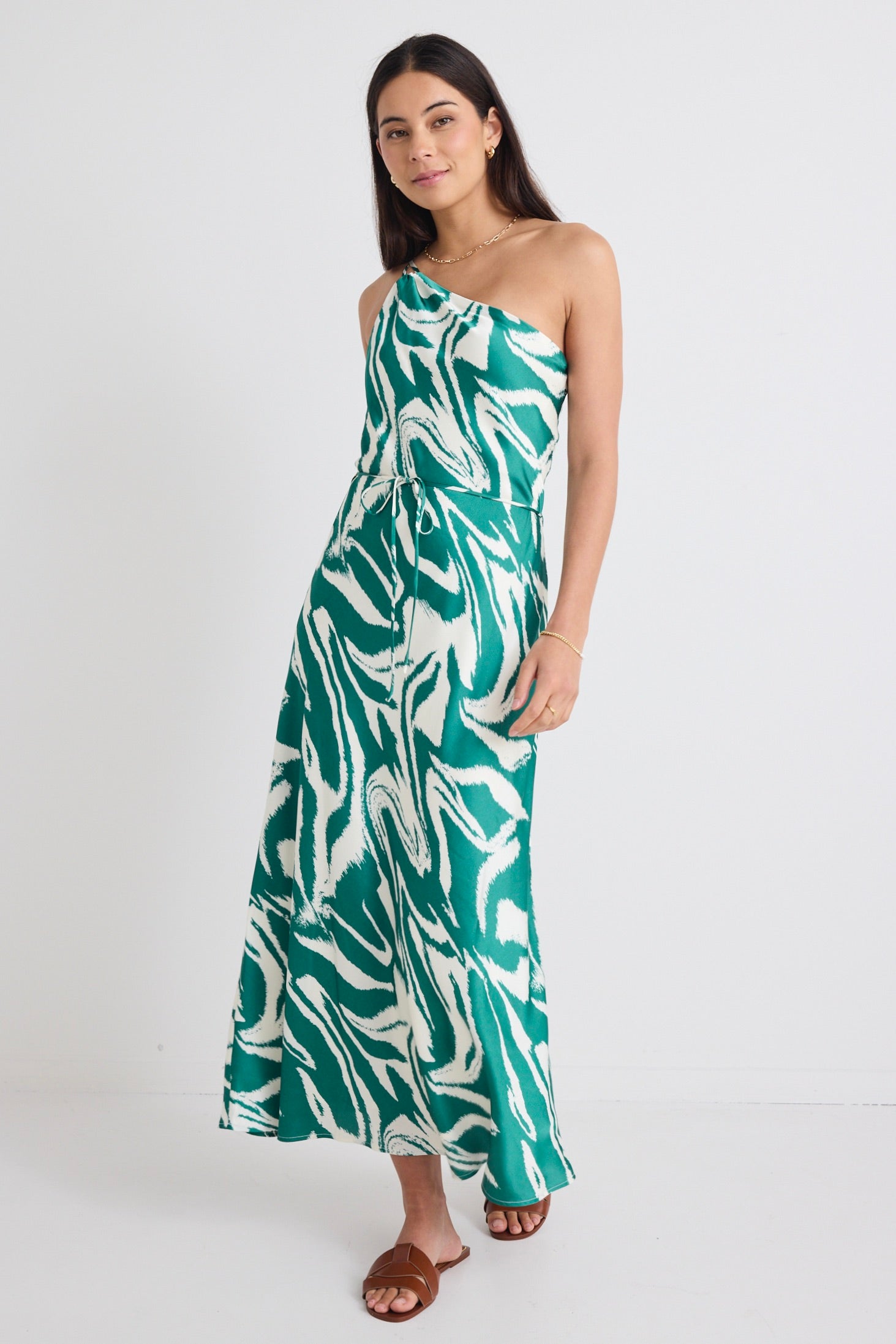 Fame Green Zebra Satin One Shoulder Bias Slip Dress - Elegant Evening Gown for Cocktail Parties & Date Nights