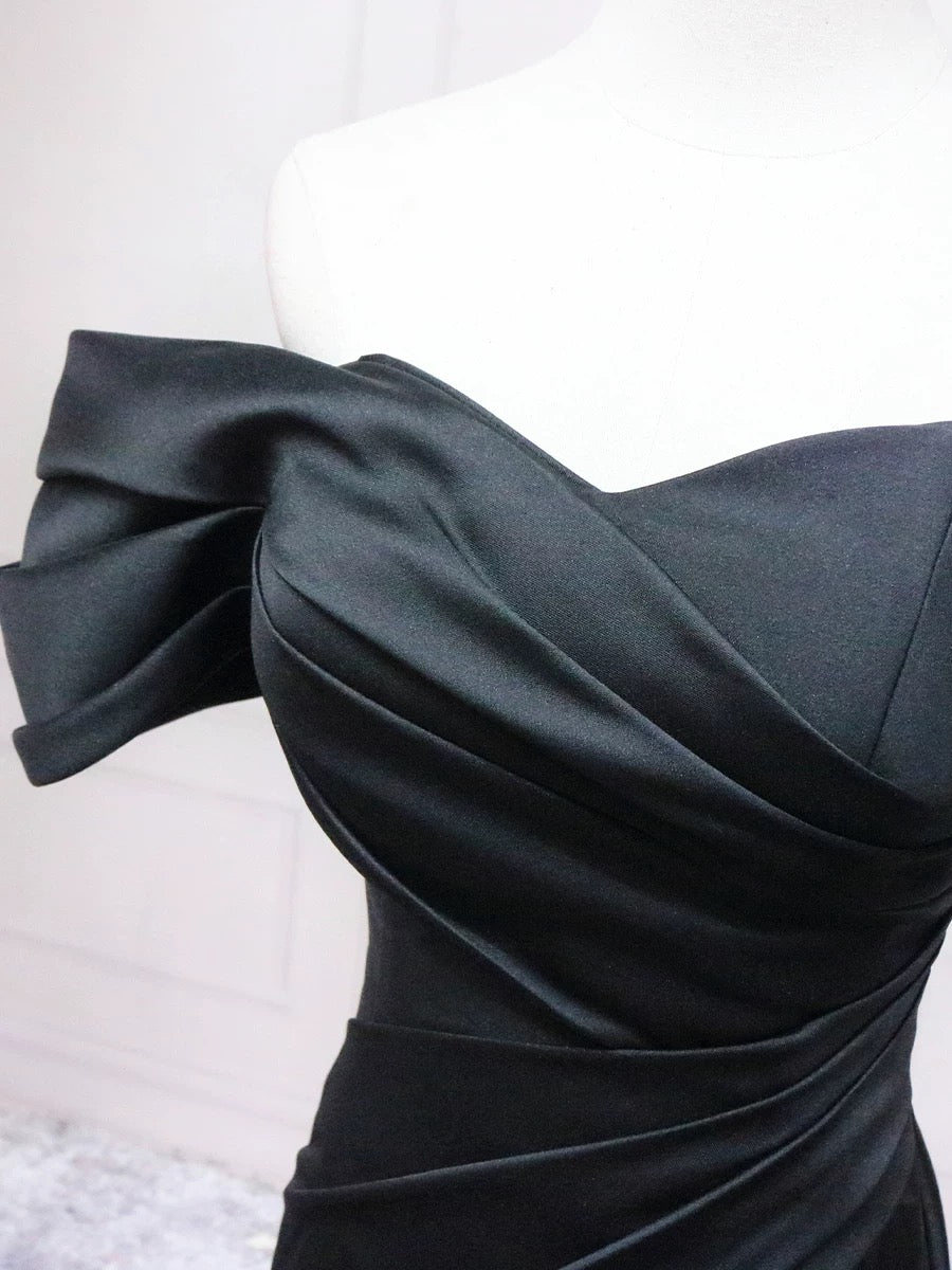 Elegant Black Mermaid Off-Shoulder Satin Long Prom Dress - Formal Evening Gown for Homecoming, Wedding, and Special Occasions