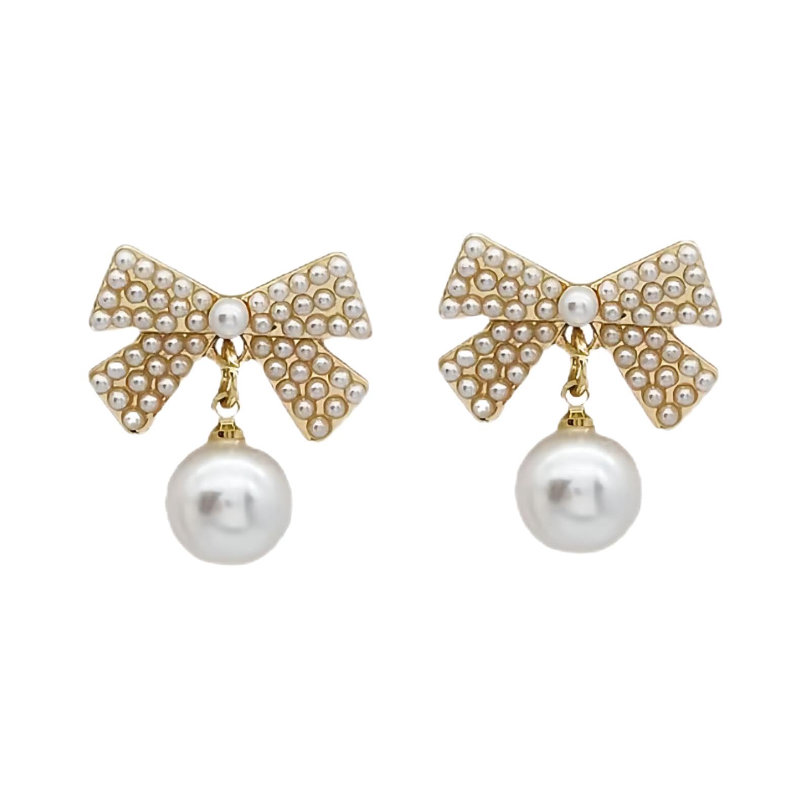 Boho Geometric Square Drop Earrings for Women - Small Faux Pearl Bow Dangle Stud Earrings in Gold | Elegant Party Jewelry & Gift for Women | Perfect for Weddings, Date Nights, and Special Occasions
