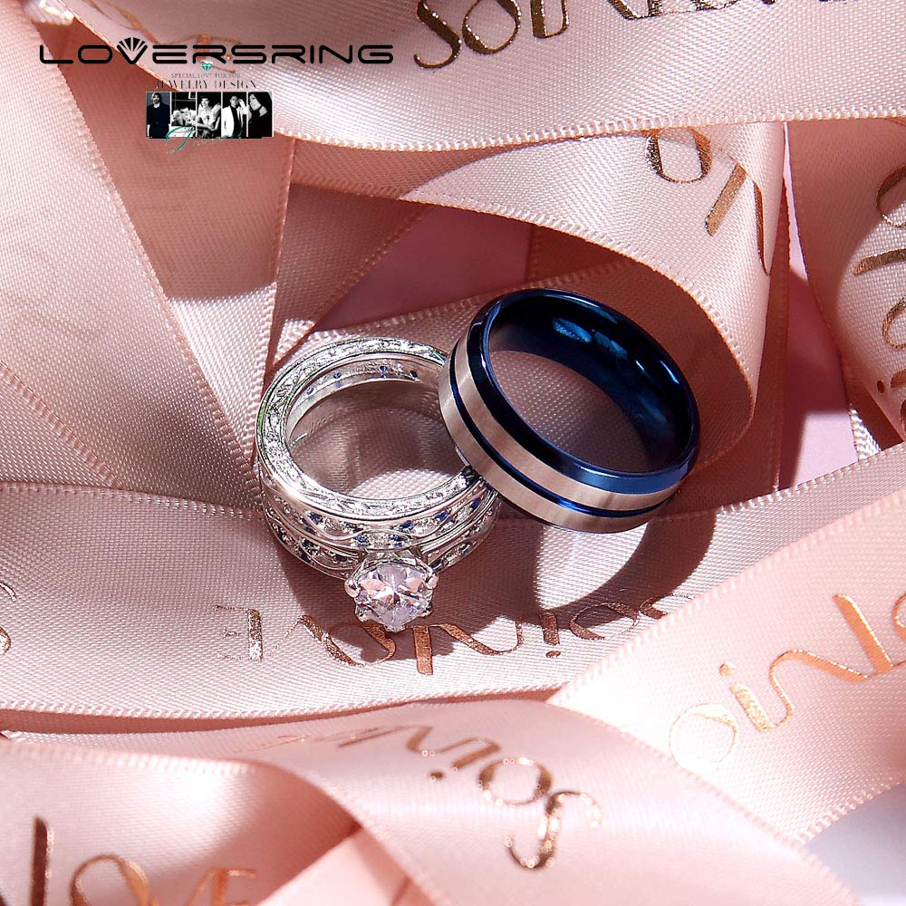 His & Hers Wedding Ring Sets - 925 Sterling Silver & Tungsten Carbide Couples Bands with Heart CZ, Brushed Finish - Perfect for Anniversaries, Engagements, and Romantic Gifts