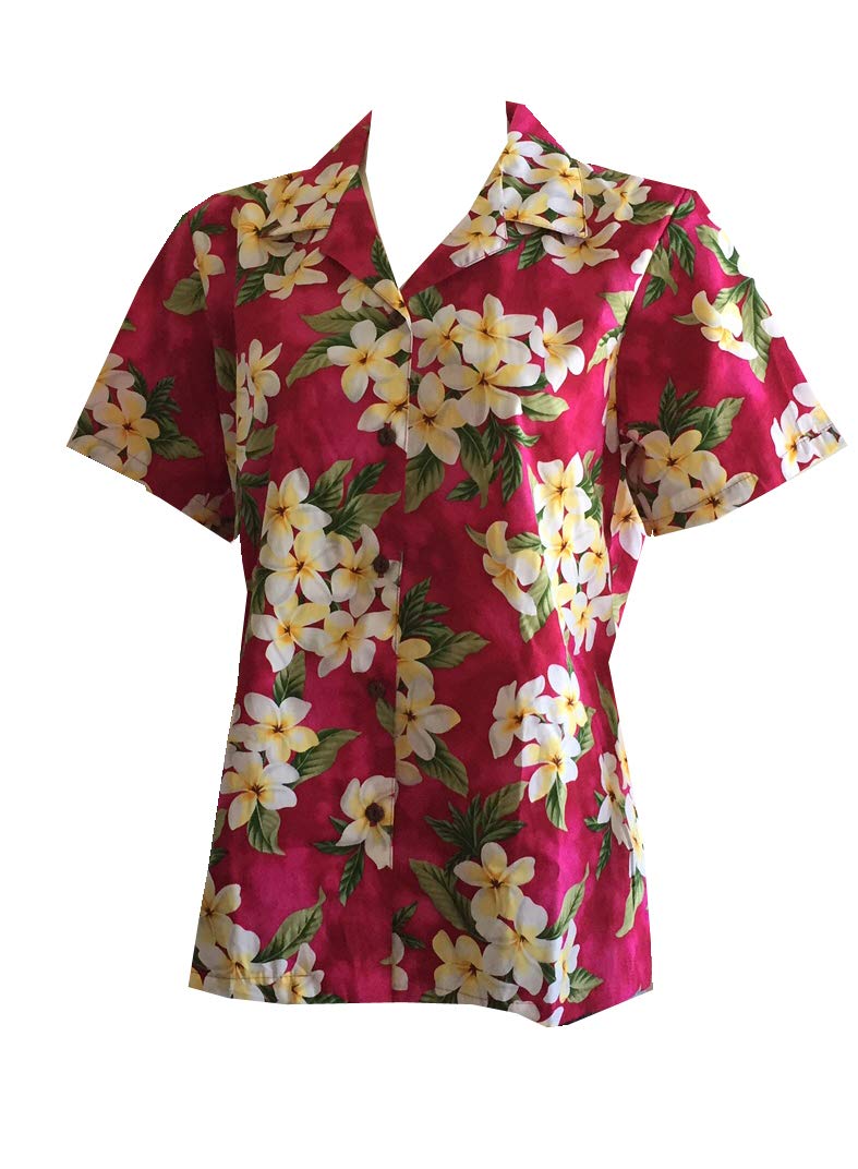 Hawaiian Aloha Camp Shirt for Women - Floral Plumeria Print Short Sleeve Shirt - Made in Hawaii - Perfect for Beach Vacations, Luau Parties & Summer Outfits