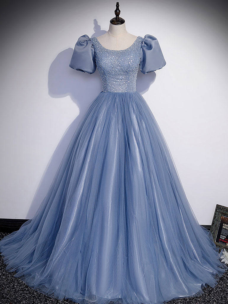 Elegant Blue Round Neck Tulle Sequin Beaded Long Prom Dress | Formal Evening Gown for Women | Perfect for Homecoming, Prom Night & Special Occasions