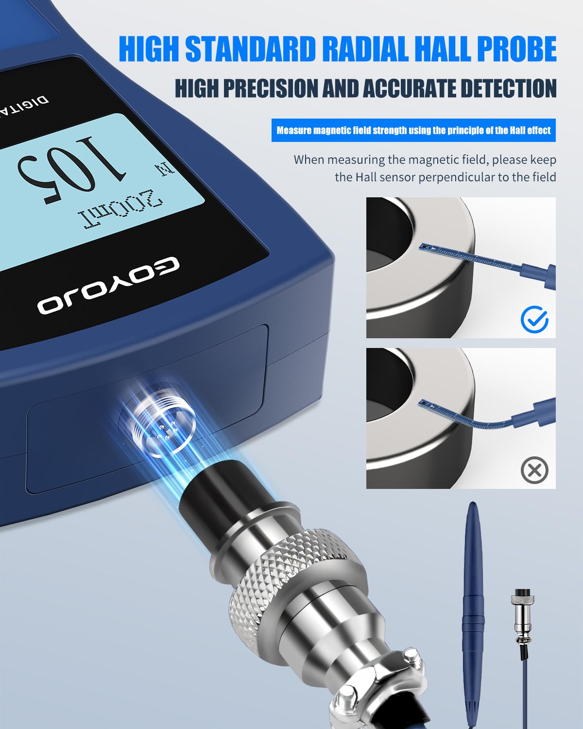 High Precision Digital Gauss Meter & Tesla Meter with Metal Probe - Auto Data Recording, N/S Polarity Identification - Magnetic Field Tester for Residual Magnetism, Nondestructive Testing - Ideal for Industrial QA, Physics Labs & Electronics Repair