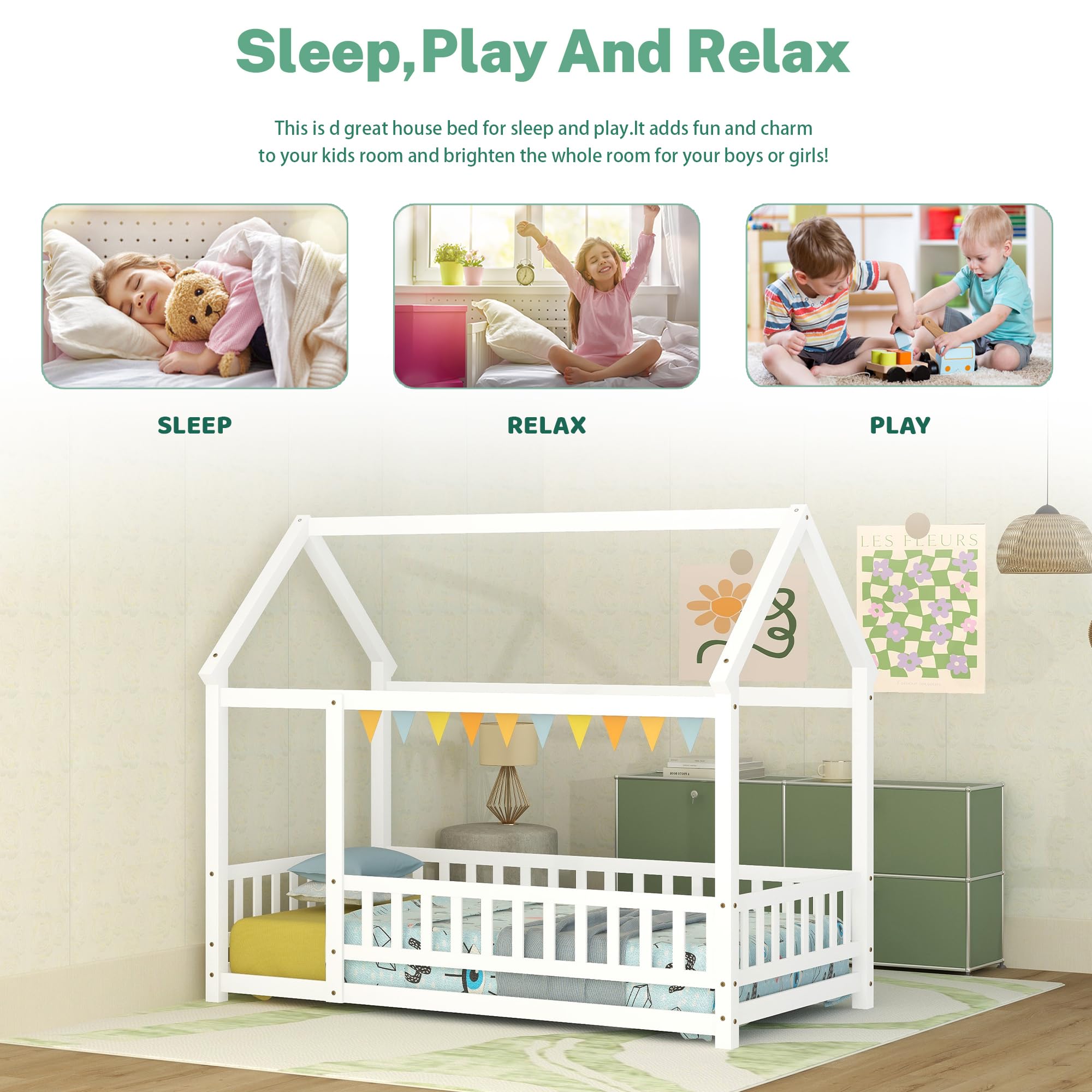 **Bellemave Twin Size Wooden Montessori Floor Bed with Fence & Roof - Kids House Bed Frame for Boys & Girls (White) - Perfect for Toddler Rooms, Playrooms & Montessori Learning Spaces**