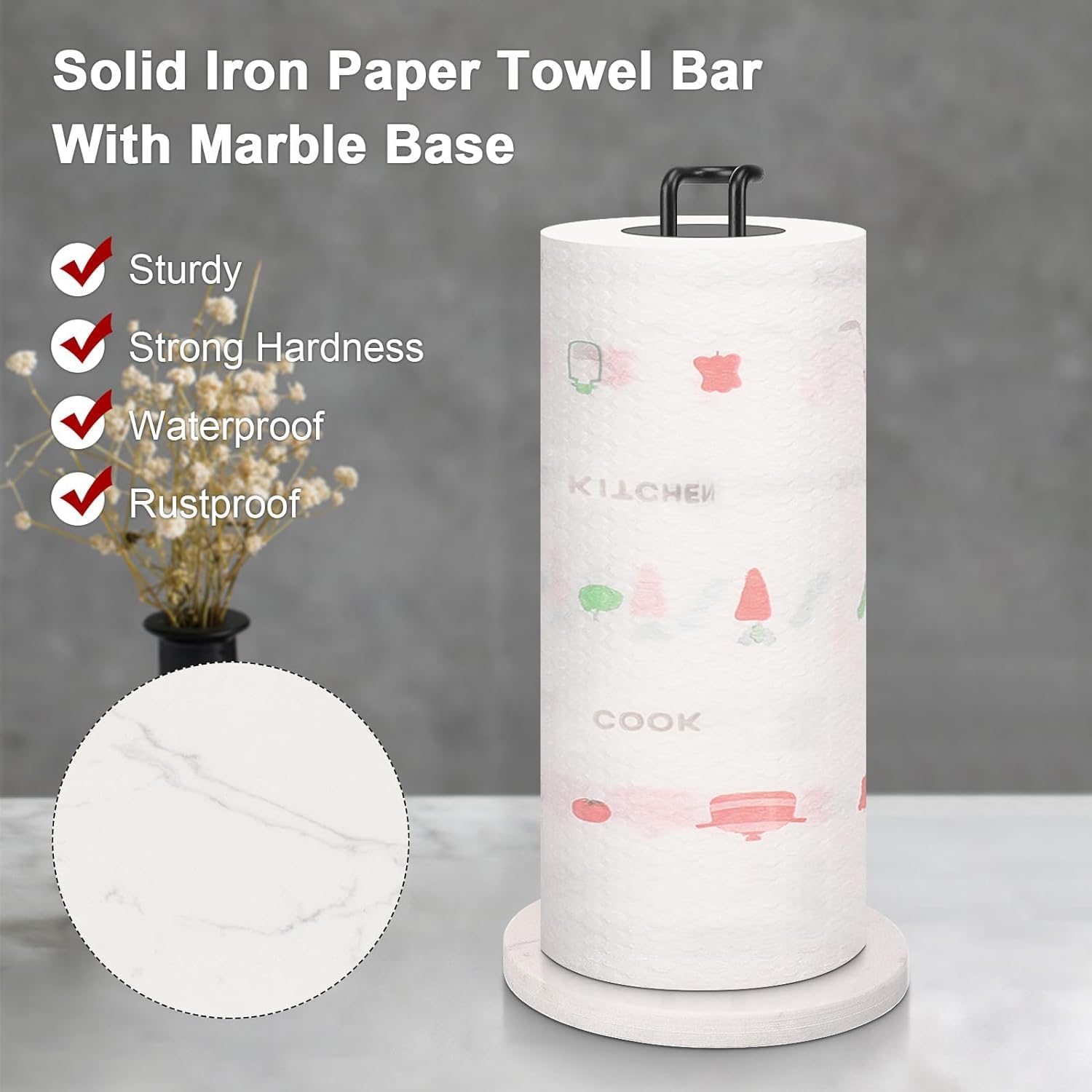 Premium Metal Paper Towel Holder with Marble Base - Sturdy Countertop Stand for Standard & Jumbo Rolls - Matte Black Kitchen Organizer for Farmhouse, Living Room & Office - Perfect for Easy Access While Cooking or Cleaning