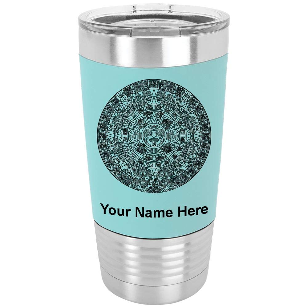 LaserGram 20oz Vacuum Insulated Stainless Steel Tumbler Mug with Aztec Calendar Design - Personalized Engraving, Leak-Proof Lid & Silicone Grip (Teal) - Perfect for Coffee, Tea, Cold Drinks at Home, Office, Gym or Travel