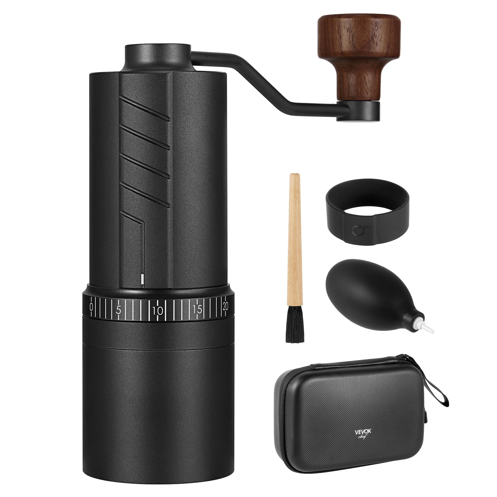 Premium Vevok Chef O20 Manual Coffee Grinder - 20 Adjustable Grind Settings, 35g Capacity, Titanium-Coated Stainless Steel Conical Burr, Portable with Travel Case & Cleaning Kit - Perfect for Home, Office, Camping & Travel Coffee Brewing