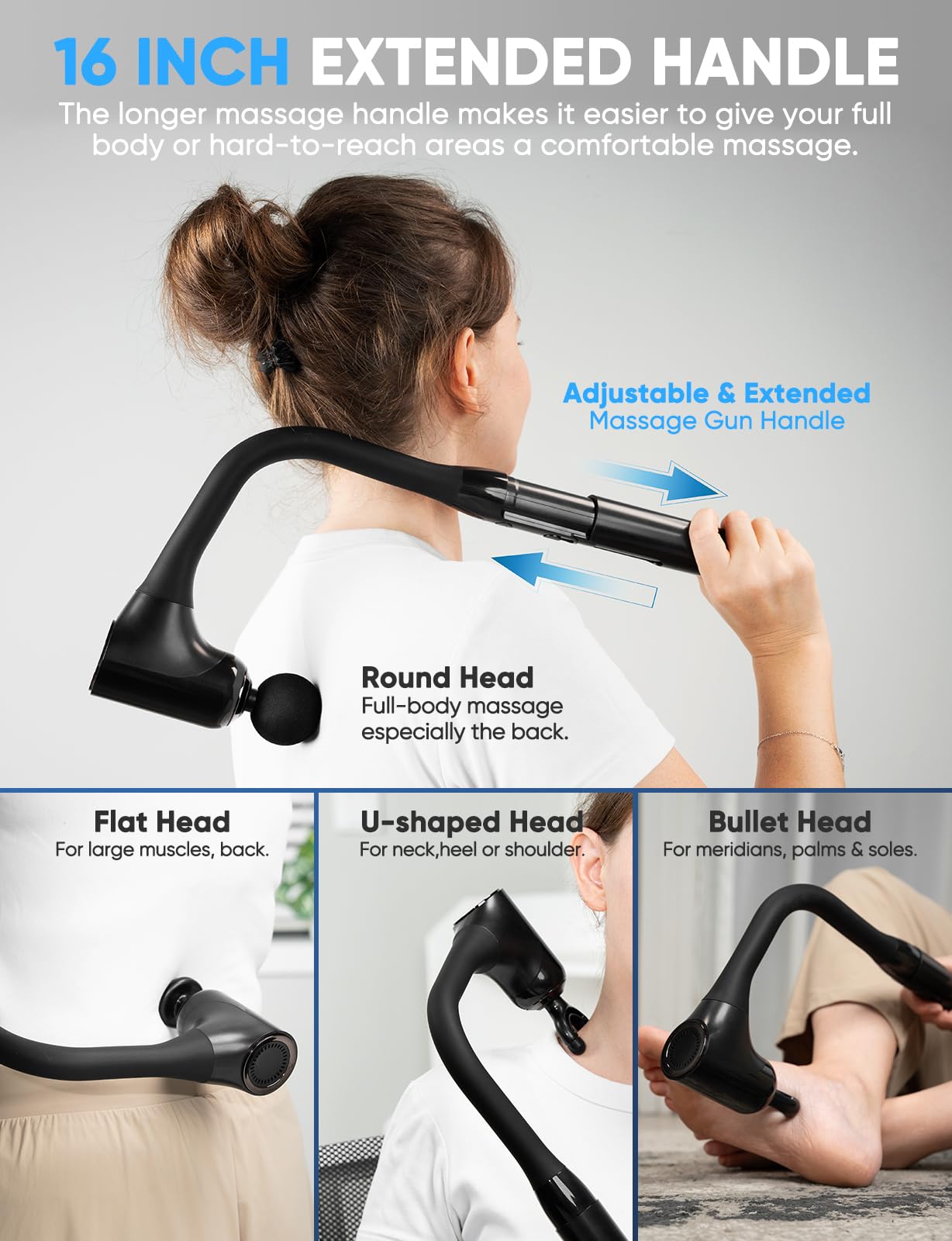 Deep Tissue Massage Gun for Pain Relief - Percussion Massager with 12MM Amplitude, Extended Handle & 4 Replaceable Heads - Adjustable Speed for Neck, Back, Foot, Leg & Shoulder - Perfect for Athletes, Office Workers & Post-Workout Recovery