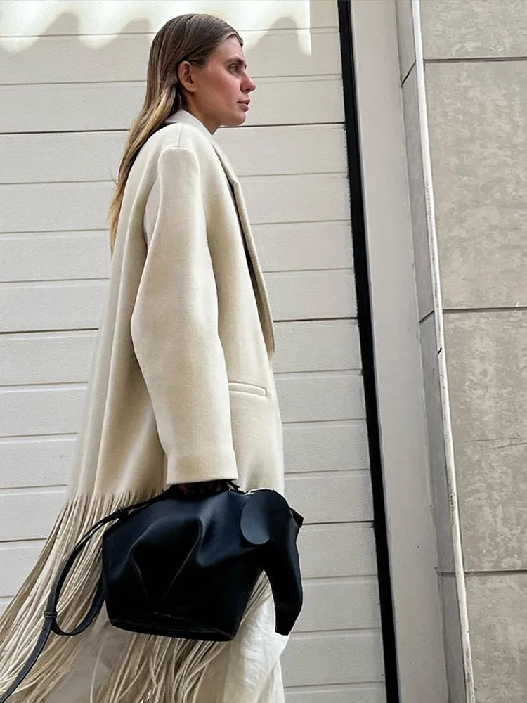 2023 Women's Autumn Wool Blend Tassel Coat with Lapel, Full Sleeves & Pockets - Fashionable Streetwear Overcoat for Fall Outfits & Casual Wear