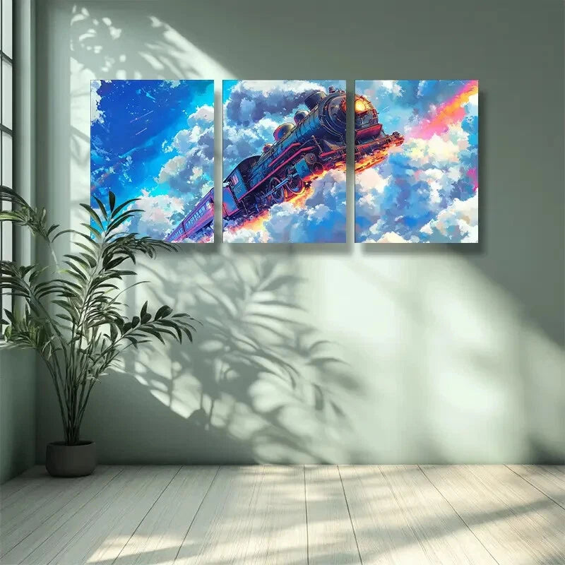 3Pcs Train on Sky Rainbow Metal Wall Art - Ready to Hang Home Decor for Living Room, Bedroom & Office