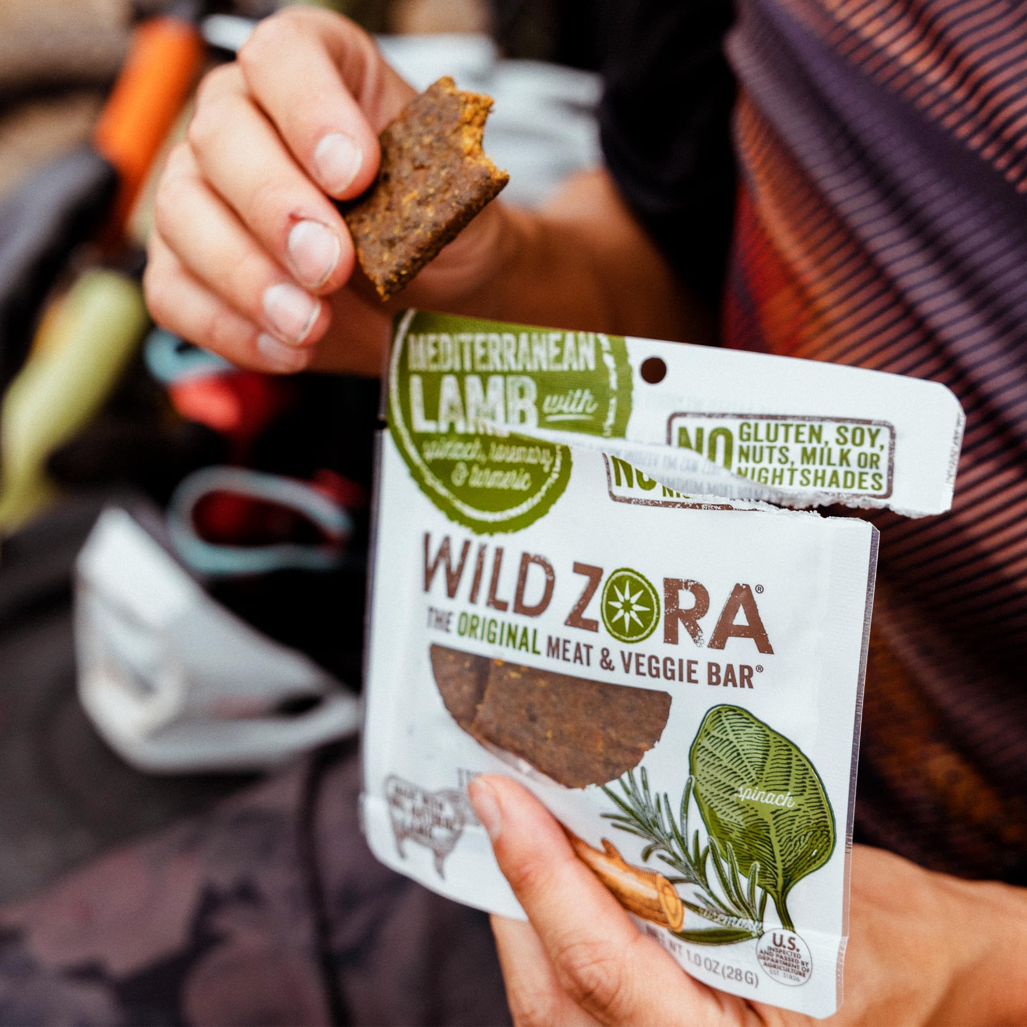 Wild Zora Mediterranean Lamb Meat & Veggie Bars - 10 Pack | 100% Grass-Fed Lamb Jerky | Paleo, AIP, Gluten & Soy Free | High Protein Snacks for Hiking, Camping & Keto Diet | No Added Sweetener