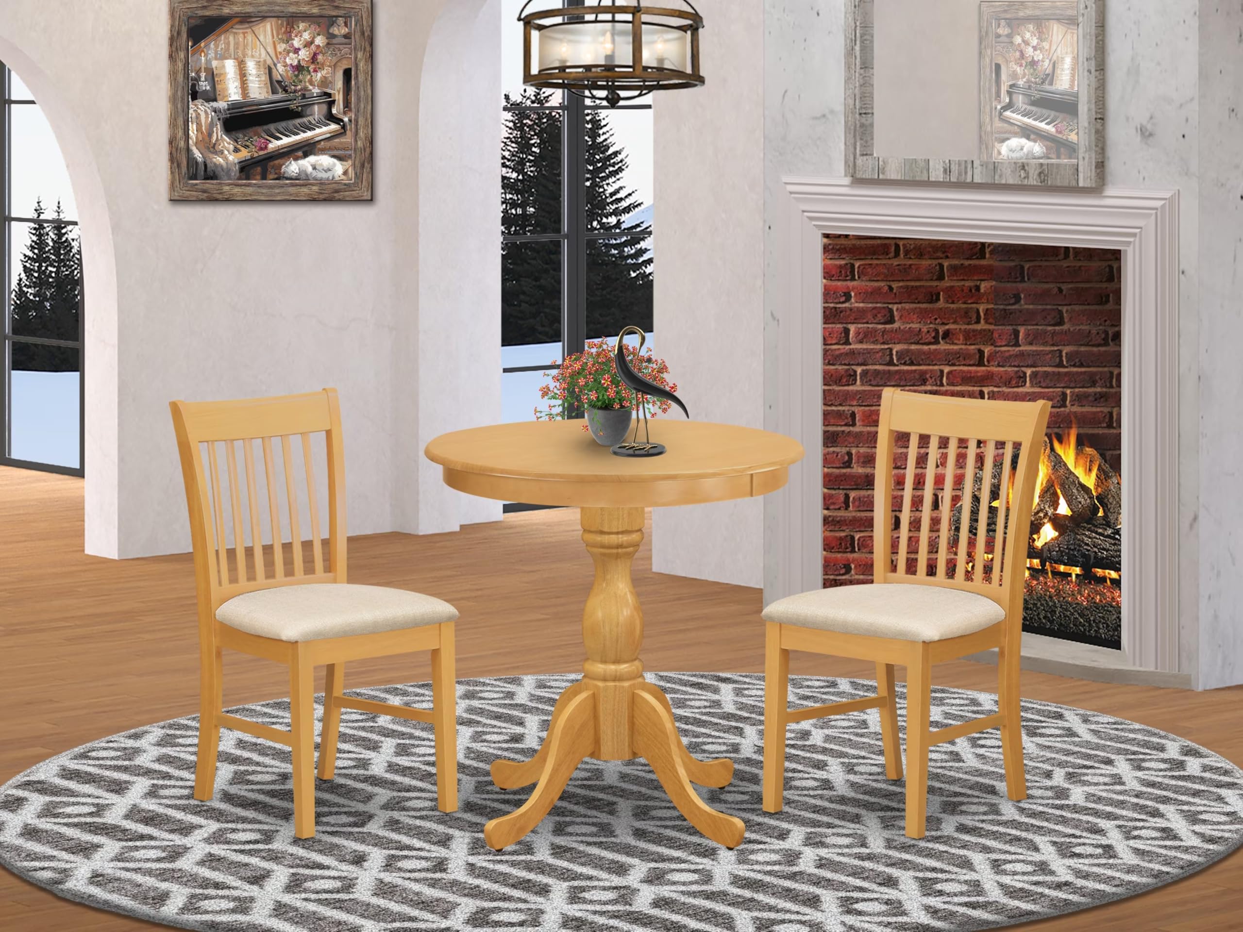 Modern 3-Piece Dining Table Set with Round Pedestal Table & 2 Upholstered Chairs - 30x30 Inch, Oak Finish - Perfect for Small Spaces, Breakfast Nooks & Cozy Apartment Dining - East West Furniture ESNF3-OAK-C