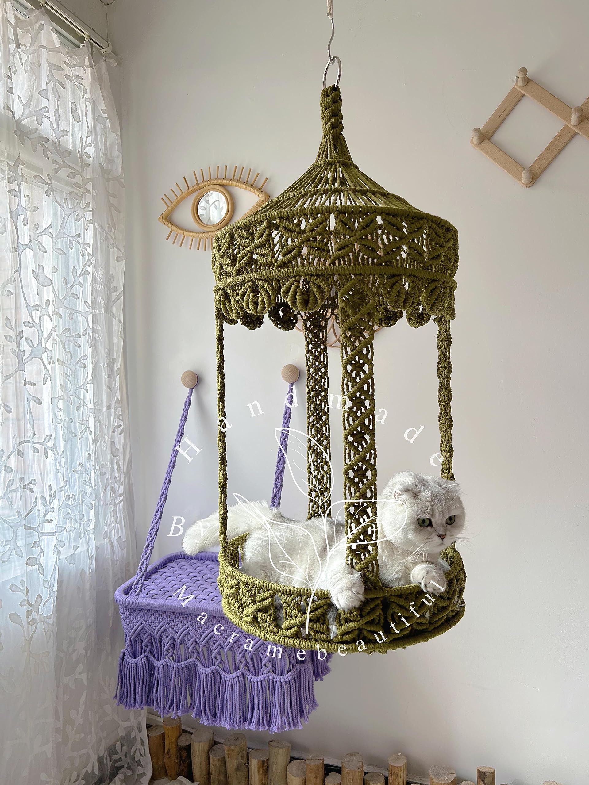 Handmade Macrame Cat Hammock - Large Hanging Cat Bed & Swing for Indoor Cats | Cozy Wall-Mounted Cat Furniture | Perfect Cat Room Decor & Gift for Cat Lovers (Gary) - Ideal for Small Spaces, Apartments & Catios