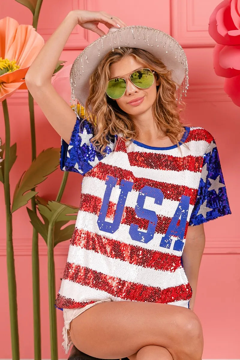 BiBi American Flag Sequin Top with USA Lettering - Patriotic Party Outfit for 4th of July, Independence Day & National Celebrations
