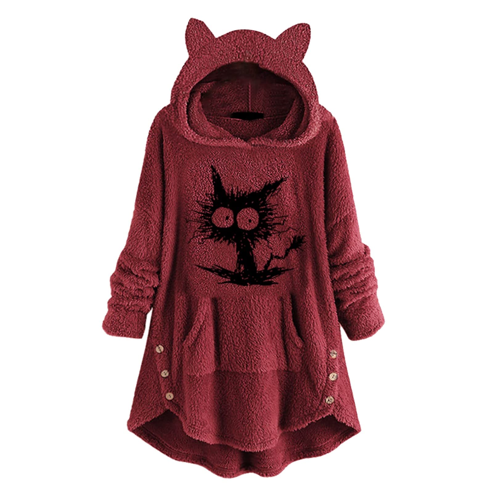 Women's Cute Fleece Hoodie with Ear Pockets & Button Pullover - Cozy Long Sleeve Cat Hooded Shirt for Casual Wear, Winter Outfits & Street Fashion