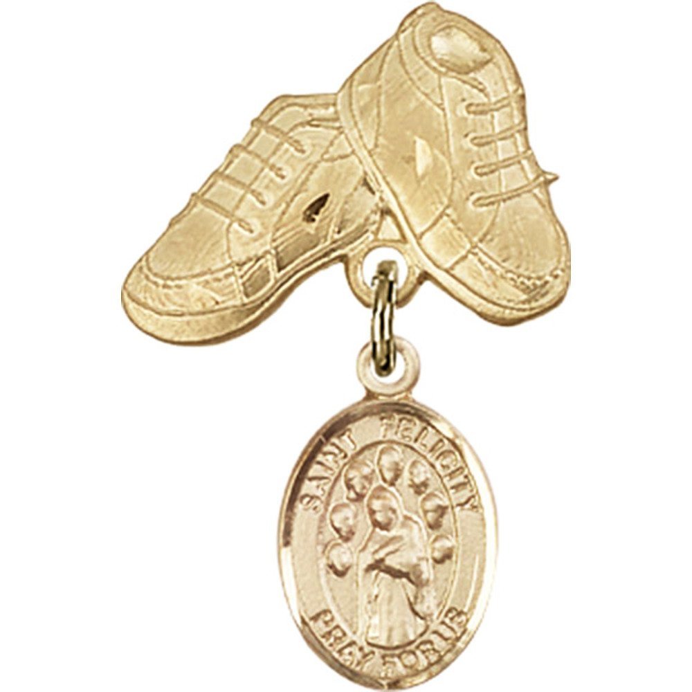 Gold Filled Baby Badge with St. Felicity Charm & Baby Boots Pin - 1 X 5/8 Inch - Perfect for Christening, Baptism Gifts & Baby Keepsakes