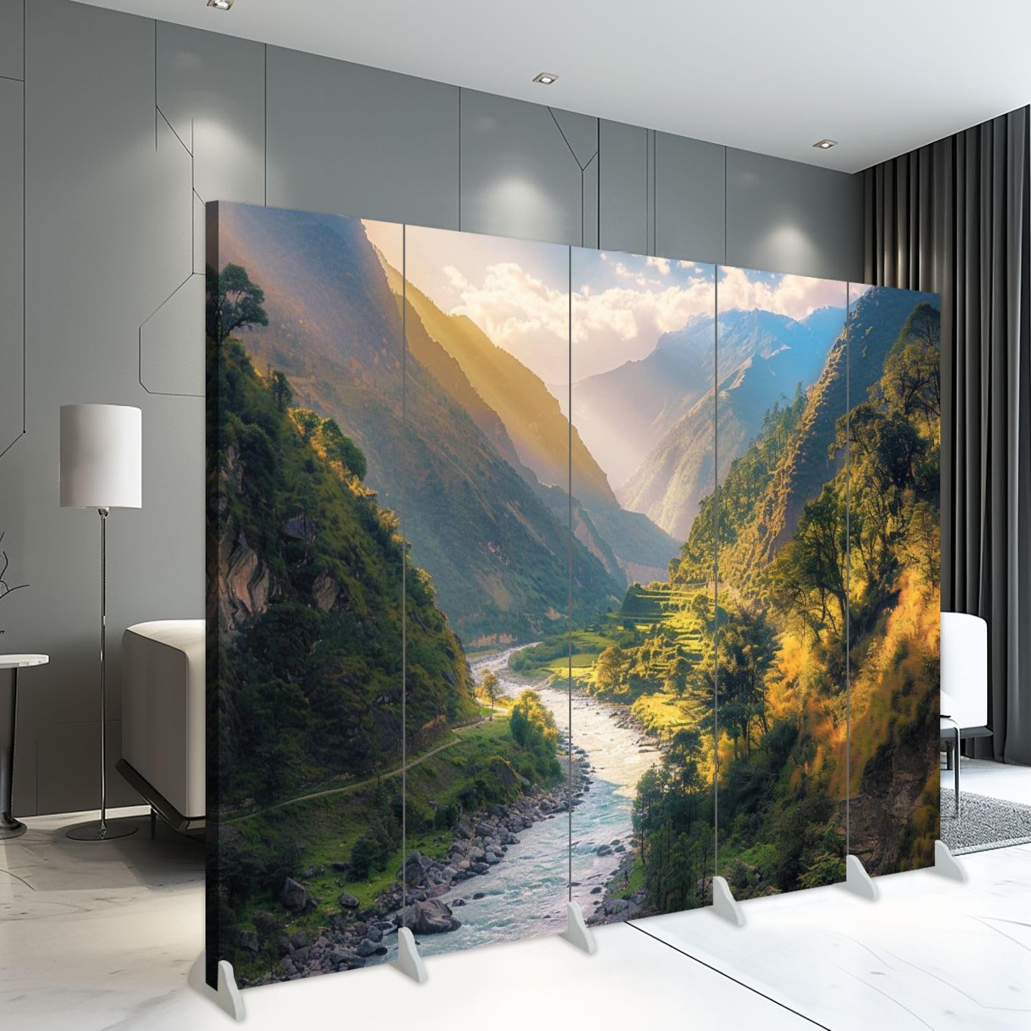 5-Panel Folding Room Divider - Colorful Himalayan Mountain Landscape with Curving River Canvas - Freestanding Privacy Partition for Living Room, Bedroom & Office - Indoor Protective Screen & Space Separator
