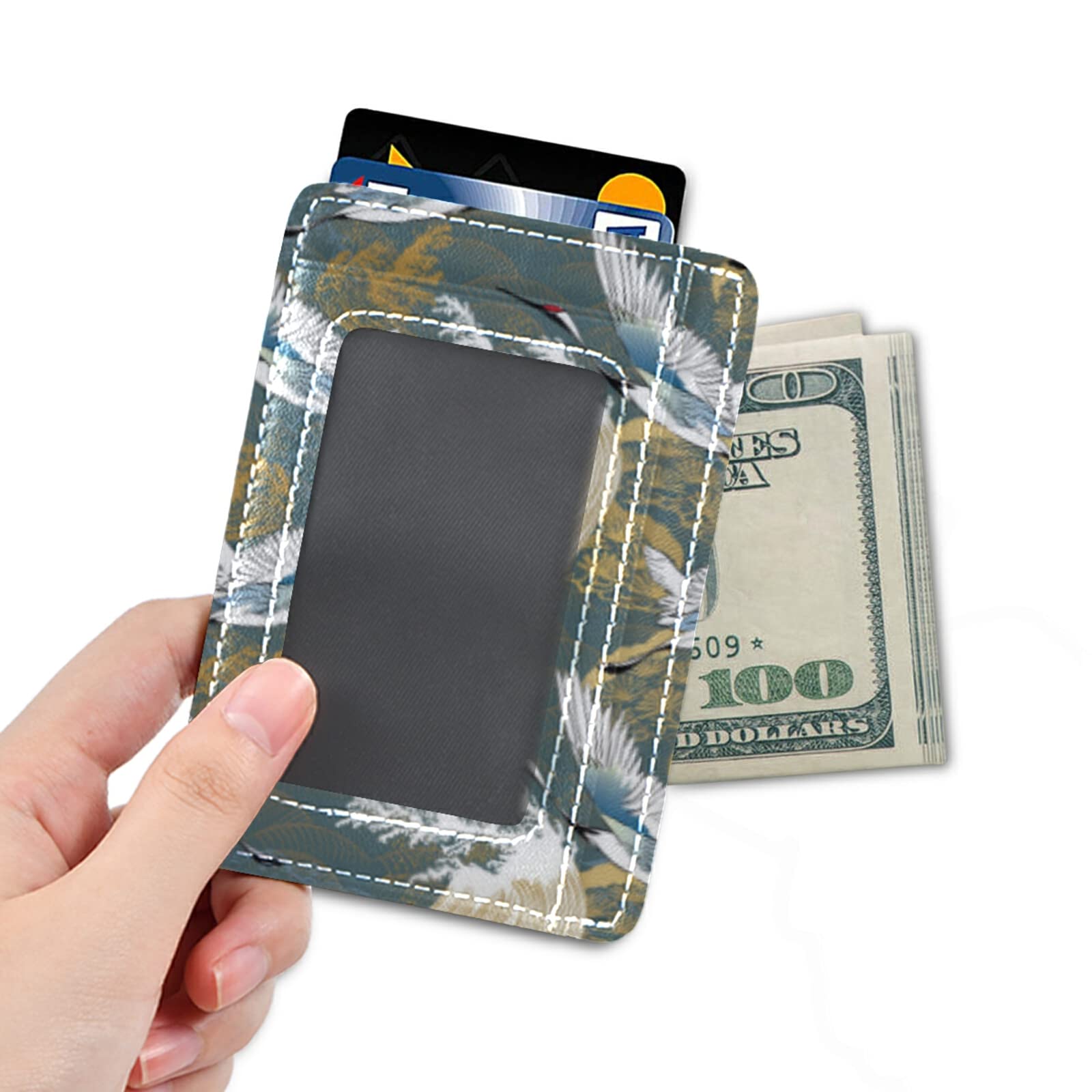 Japanese Traditional Crane Birds & Wave Minimalist RFID Leather Wallet - Asian Oriental Motif Slim Card Holder for Men & Women - Perfect for Travel, Office & Everyday Use