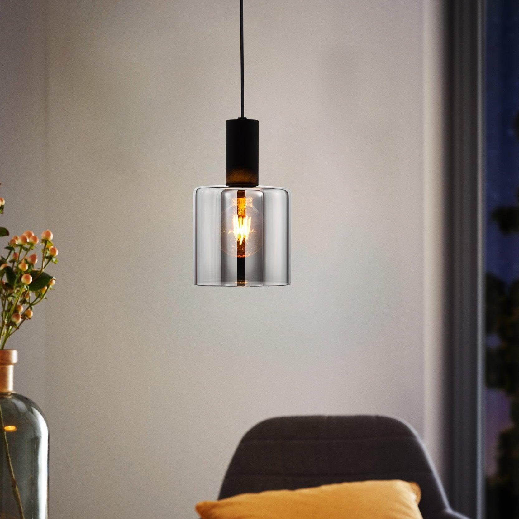 Eglo Gorosiba Smoked Black Glass Ceiling Pendant Light - Modern Industrial Hanging Fixture for Kitchen Island, Dining Room & Bedroom Lighting