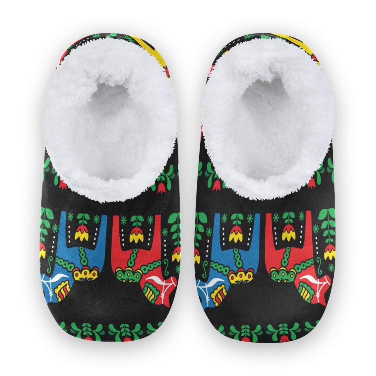 Qmxo Ethnic Swedish Dala Horse Black Art Slippers for Women & Men - Cozy Coral Fleece Indoor House Slippers with Non-Slip Sole | Perfect for Home, Bedroom & Lounge Wear