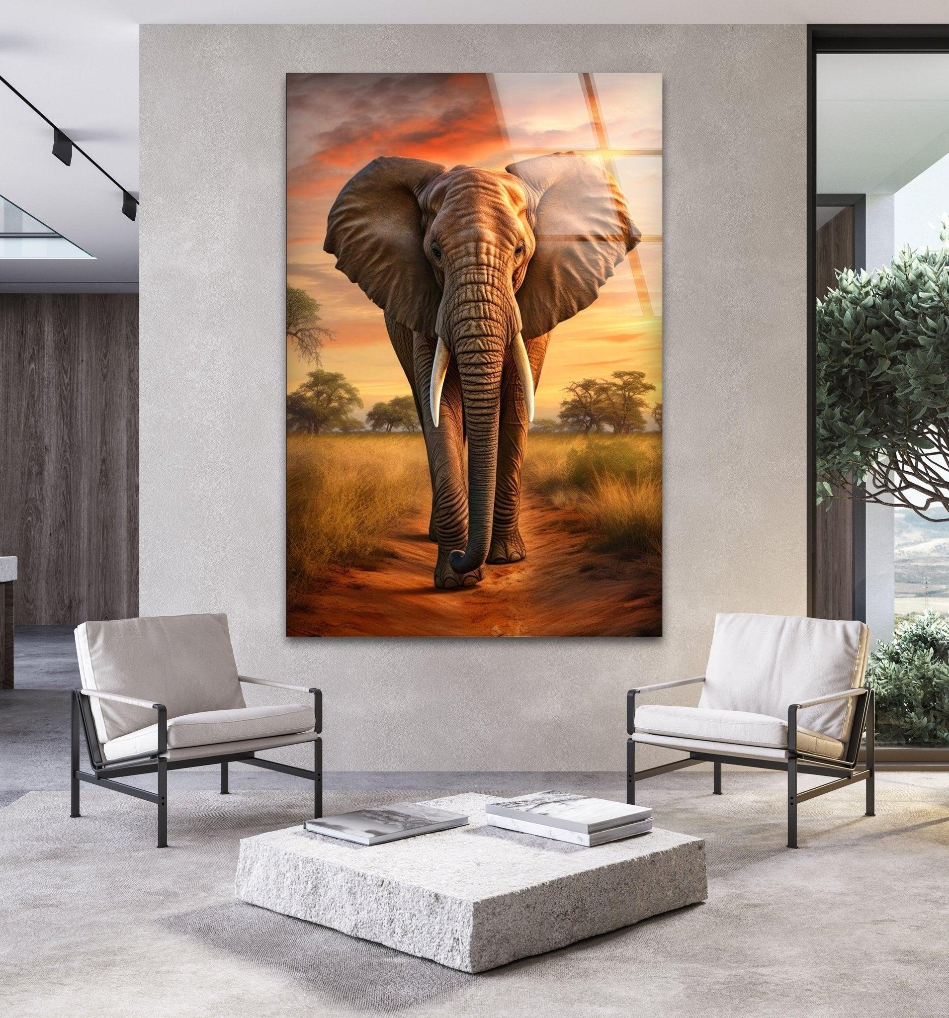 African Elephant Glass Wall Art - Handcrafted Home Decor for Living Room, Bedroom & Office - Perfect for Nature Lovers & Safari Theme Interior Design