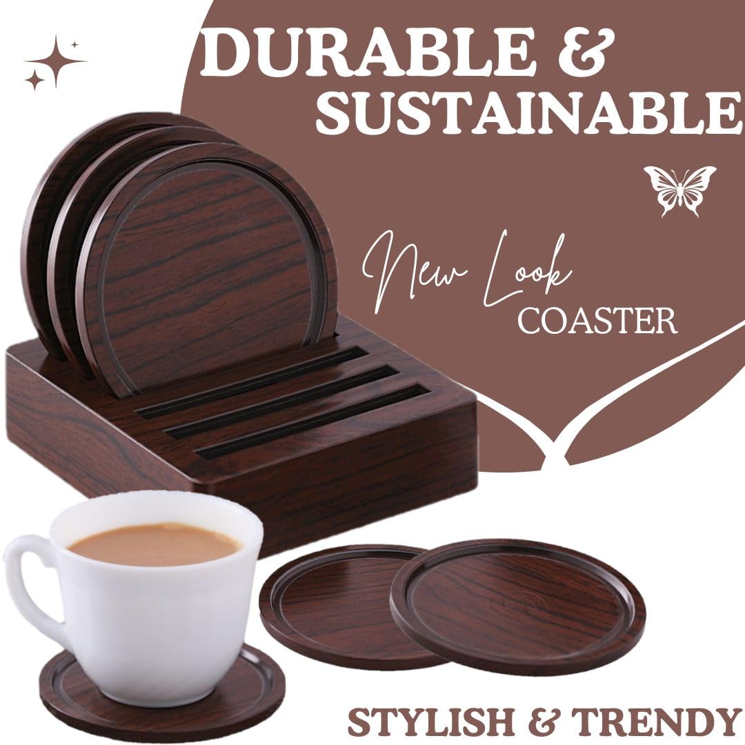 Stylish Nabhya 6-Piece Plastic & Steel Coaster Set with Holder for Coffee Mugs, Beer Cans, Tumblers & Water Glasses - Brown - Perfect for Home, Office & Bar Use