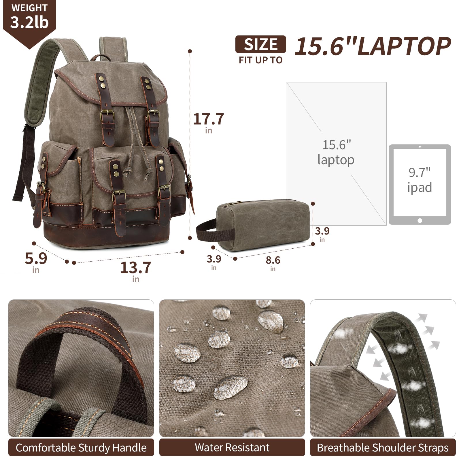 Vintage Leather Canvas Backpack for Men & Women - Waxed Canvas Shoulder Rucksack with Toiletry Bag - Durable Laptop Travel Backpack for Business, Hiking & Daily Commute (Army Green)
