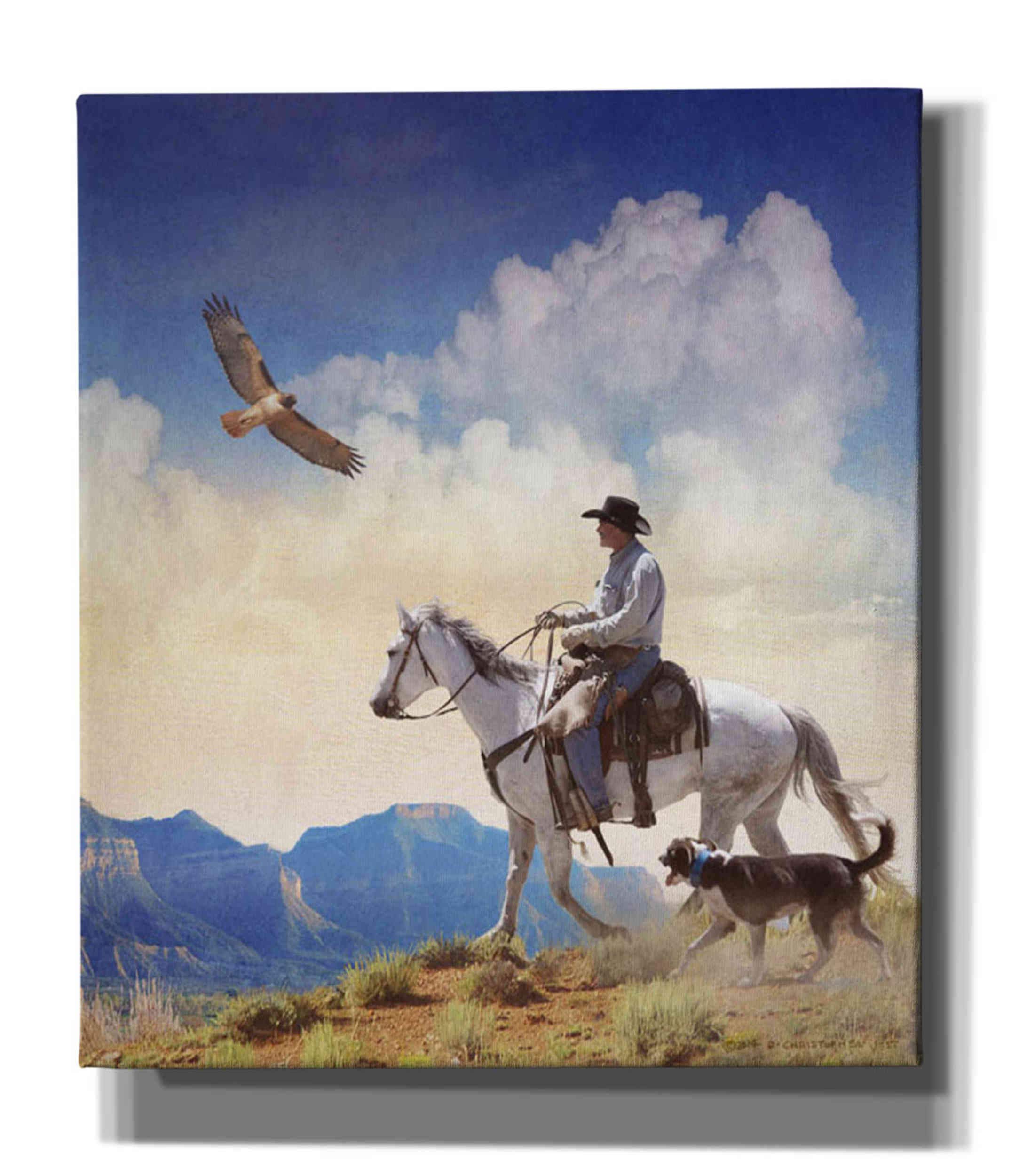 Chris Vest 'Cowboy with Dog and Hawk' Western Canvas Wall Art Print - 26x30 Inches - Ranch & Cabin Decor - Perfect for Living Room, Bedroom, or Office