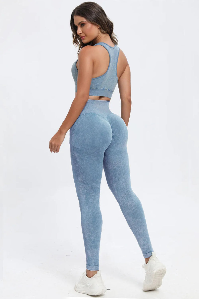 3 Piece Washed Square Neck Wide Strap Active Set for Women - Gym, Yoga & Lounge Wear - Comfortable Workout Outfit for Running & Pilates
