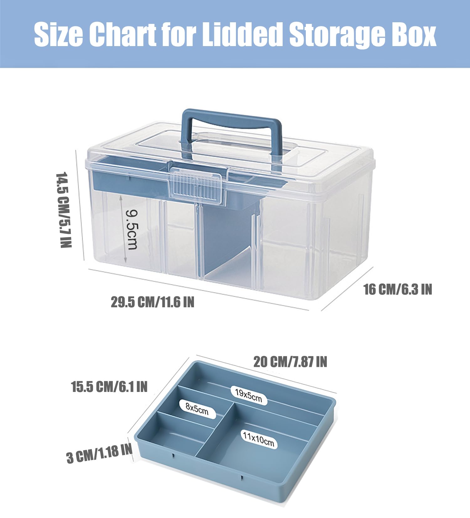 Clear Plastic Storage Organizer Box with Removable Tray & Partition - Large Arts & Crafts Supplies Container for Office, Home & School - Desktop Stationery & Medicine Organizer (Clear & Ocean Blue) | Perfect for Craft Rooms, Office Desks & Home Organization