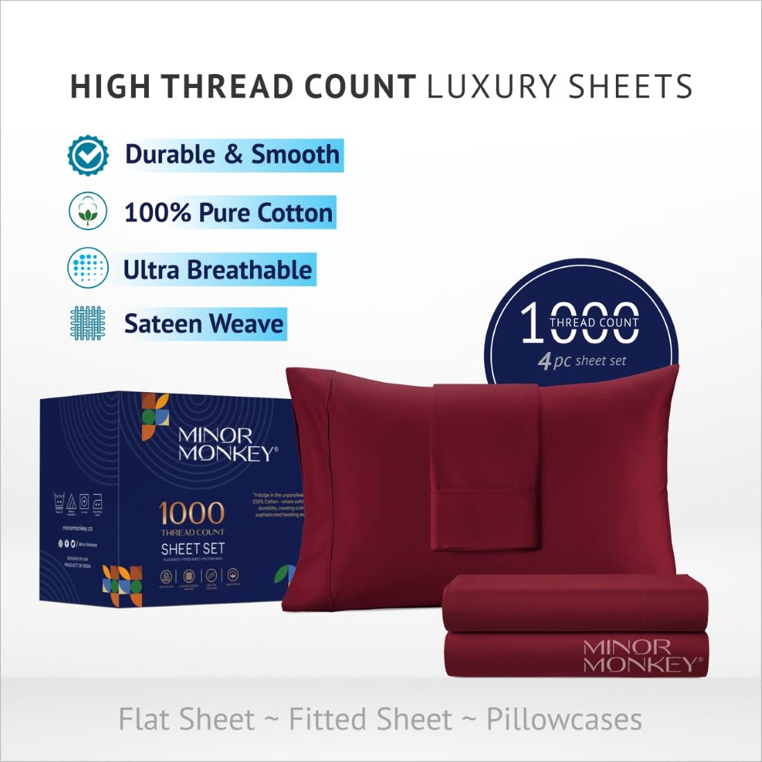 Luxury 1000 Thread Count Egyptian Cotton Sheets Set - King Size 4-Piece Bedding with 16