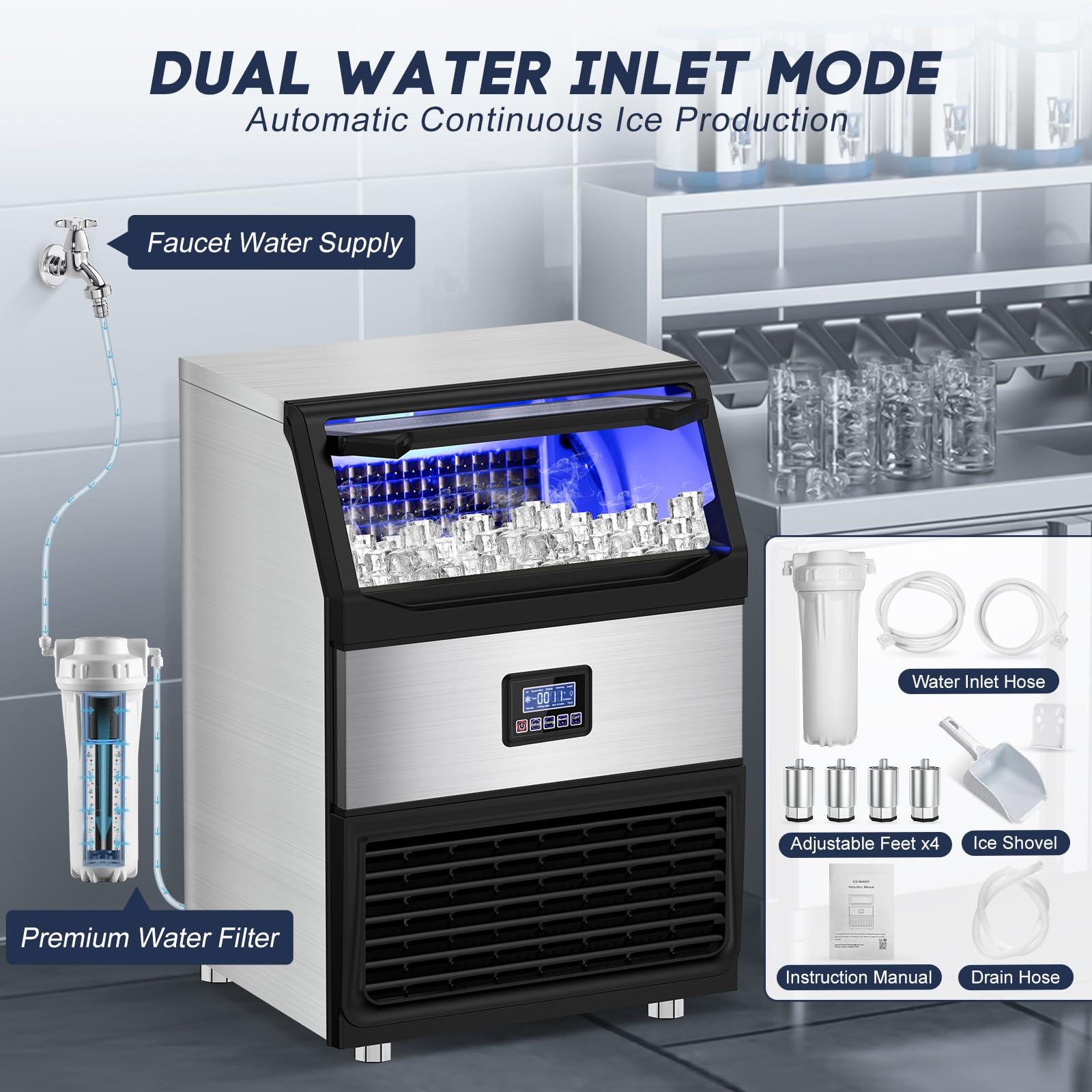 Commercial Ice Maker Machine 300LBS/24H with 75LBS Storage Bin - Stainless Steel Undercounter & Freestanding Ice Maker for Home Bar, Restaurant, Outdoor Use - Produces 108 Ice Cubes per Cycle - Self-Cleaning - Perfect for Parties, Cafes, and Commercial Kitchens