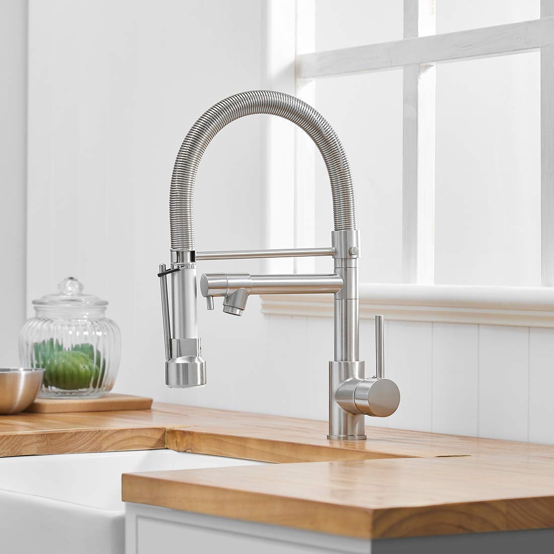 Fapully Single Handle Pull Down Kitchen Faucet with Sprayer and Soap Dispenser - Brushed Nickel Finish for Modern Farmhouse & Industrial Style Kitchens