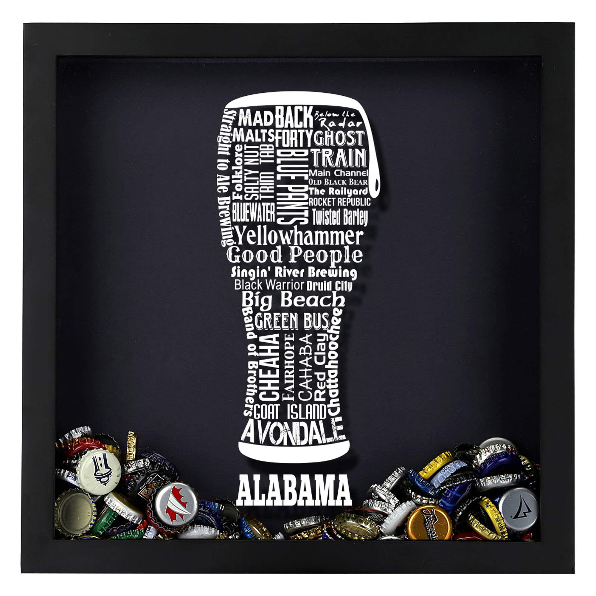 Torched Beer Cap Shadow Box Display - Vintage Typography Wall Art for Beer Lovers | Unique Collector's Gift for Men | Perfect for Man Cave, Bar Decor & Alabama Themed Rooms