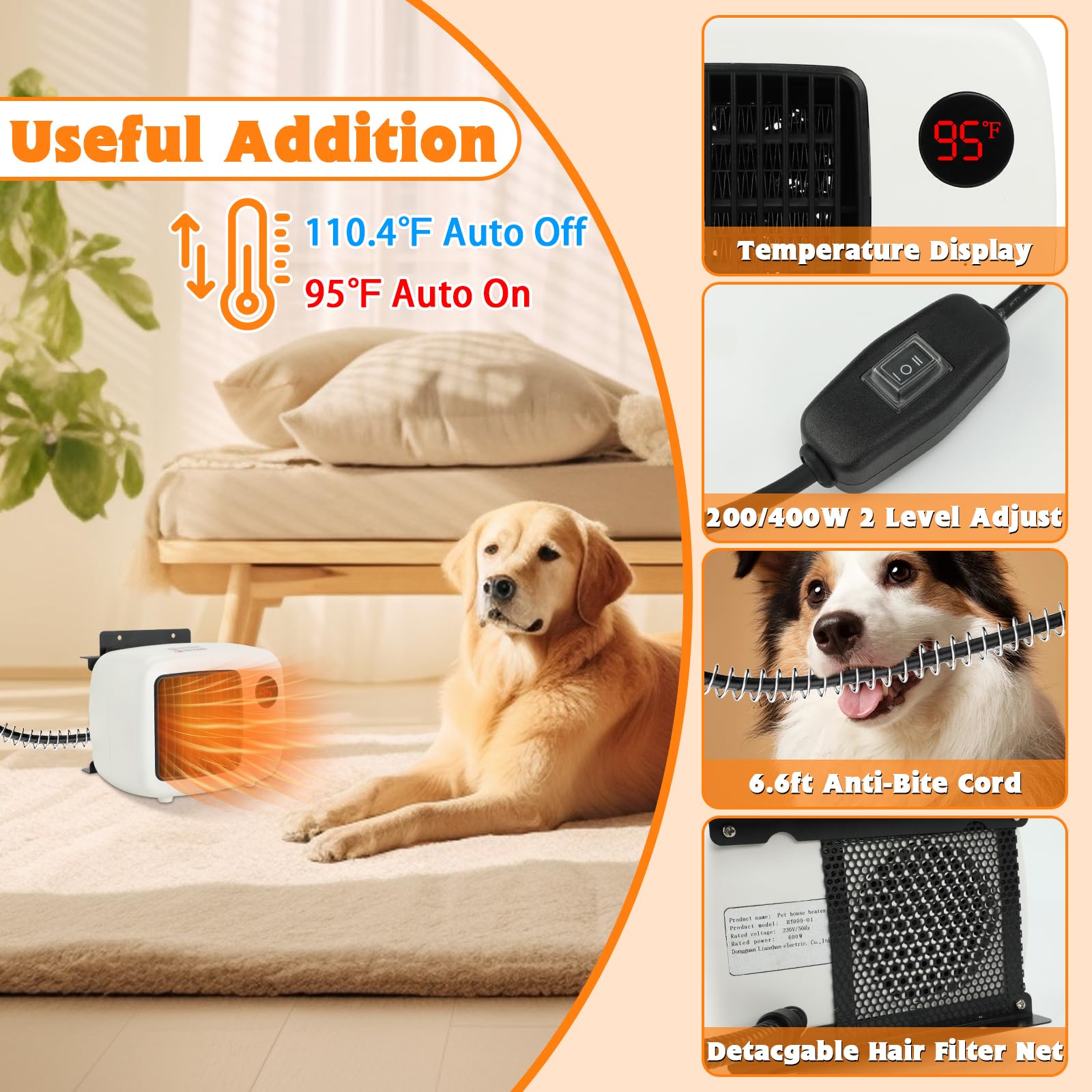 FHTONGE 200W/400W Thermostat-Controlled Outdoor Dog House Heater with Digital Display & 6.6Ft Chew-Proof Cord - Pet Kennel Heater for Dogs, Cats, Rabbits & Chicken Coops - Keep Pets Warm in Winter for Outdoor Use, Garages & Barns