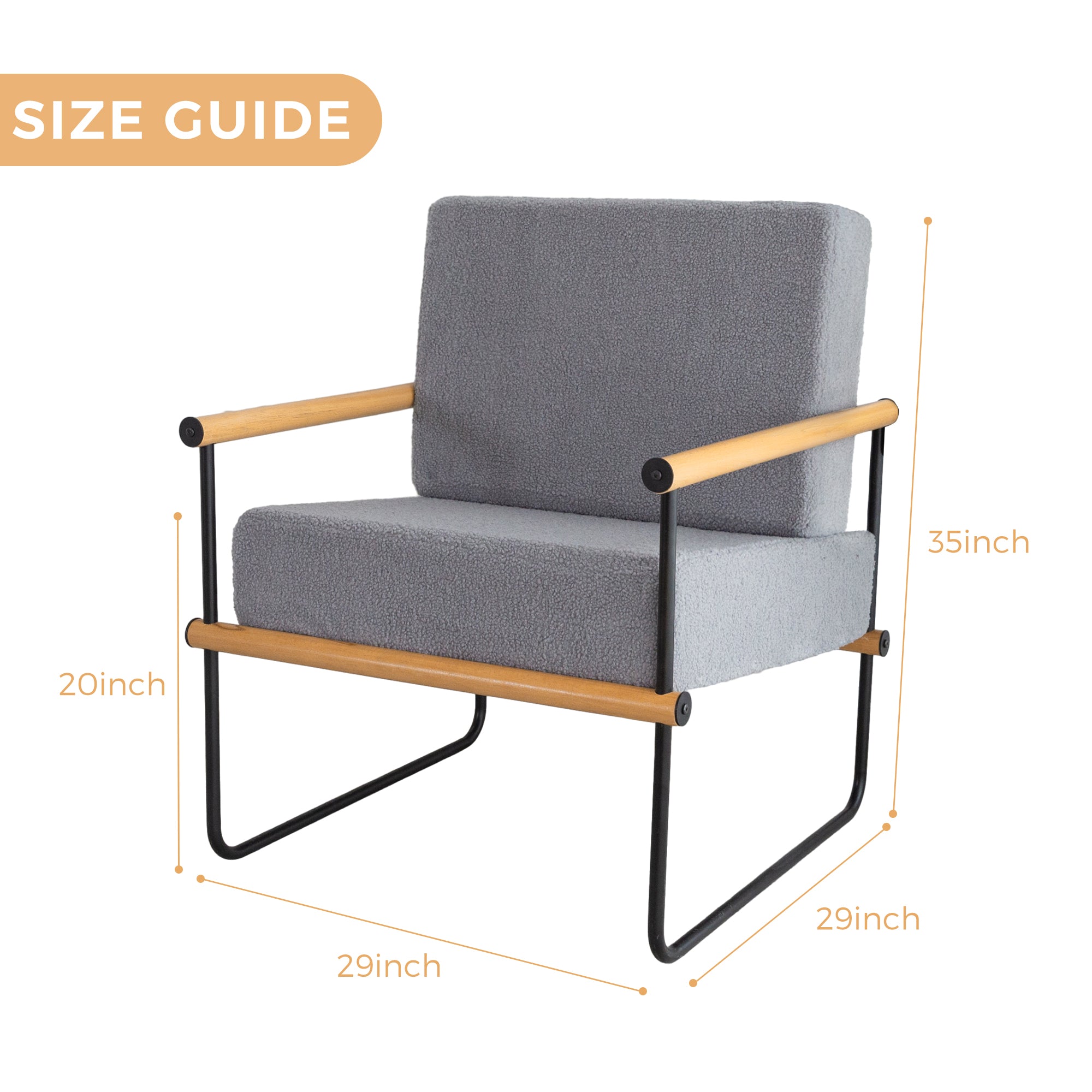 MAXYOYO Grey Upholstered Armchair with Metal & Wood Accents - Thick Cushioned Living Room Chair for Home Office, Lounge & Reading Nook