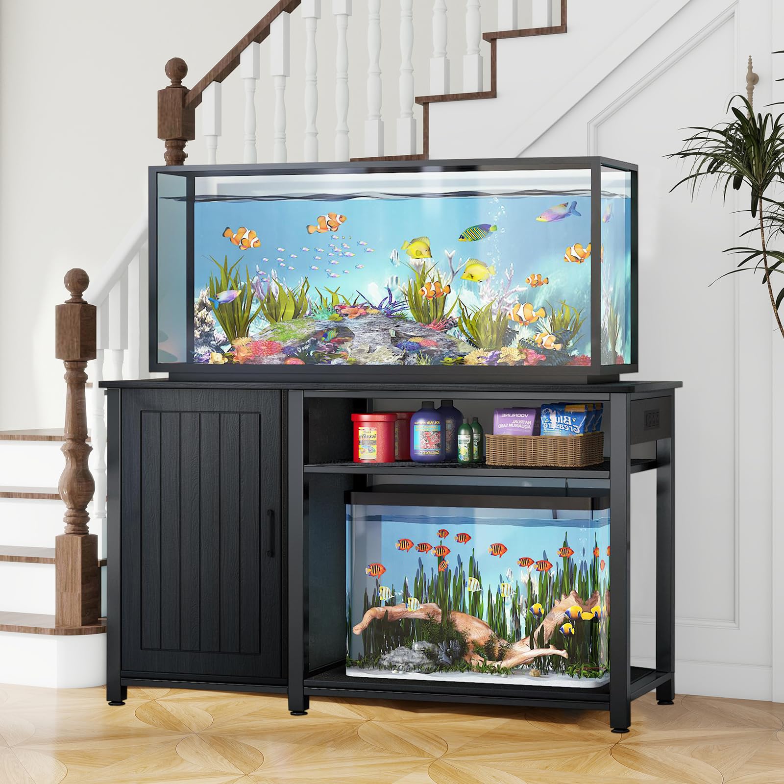Tatub 55-75 Gallon Heavy Duty Metal Aquarium Stand with Power Outlets & Storage Cabinet - 860LBS Capacity Black Fish Tank Stand for Reptile Terrariums & Turtle Tanks - Perfect for Home, Office or Pet Store Displays
