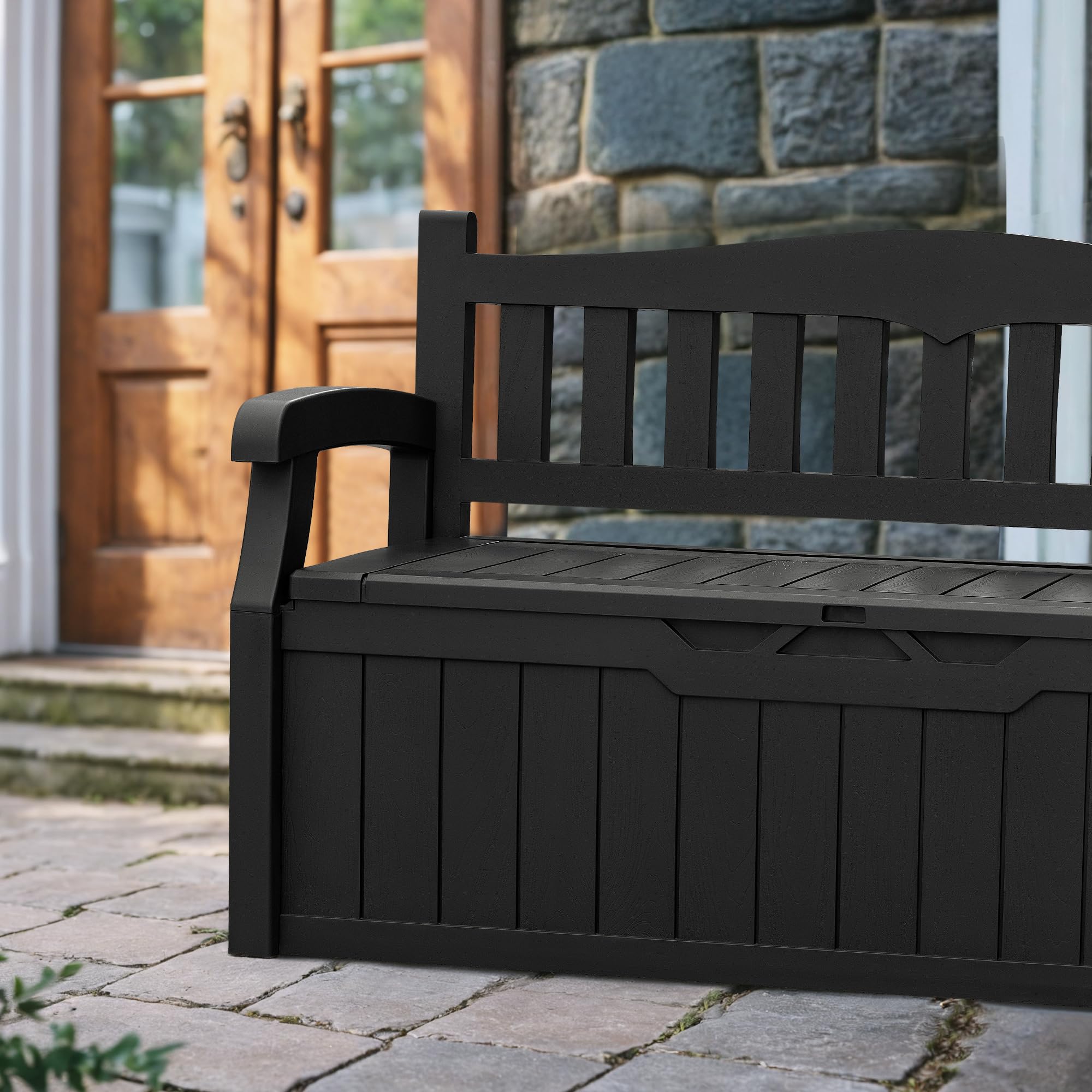 Devoko 80 Gallon Lockable Storage Bench Deck Box - Waterproof Outdoor Furniture for Patio, Garden & Pool Area - Perfect for Cushions, Garden Tools & Pool Supplies Storage (Black) | Ideal for Backyard, Deck & Outdoor Seating Organization