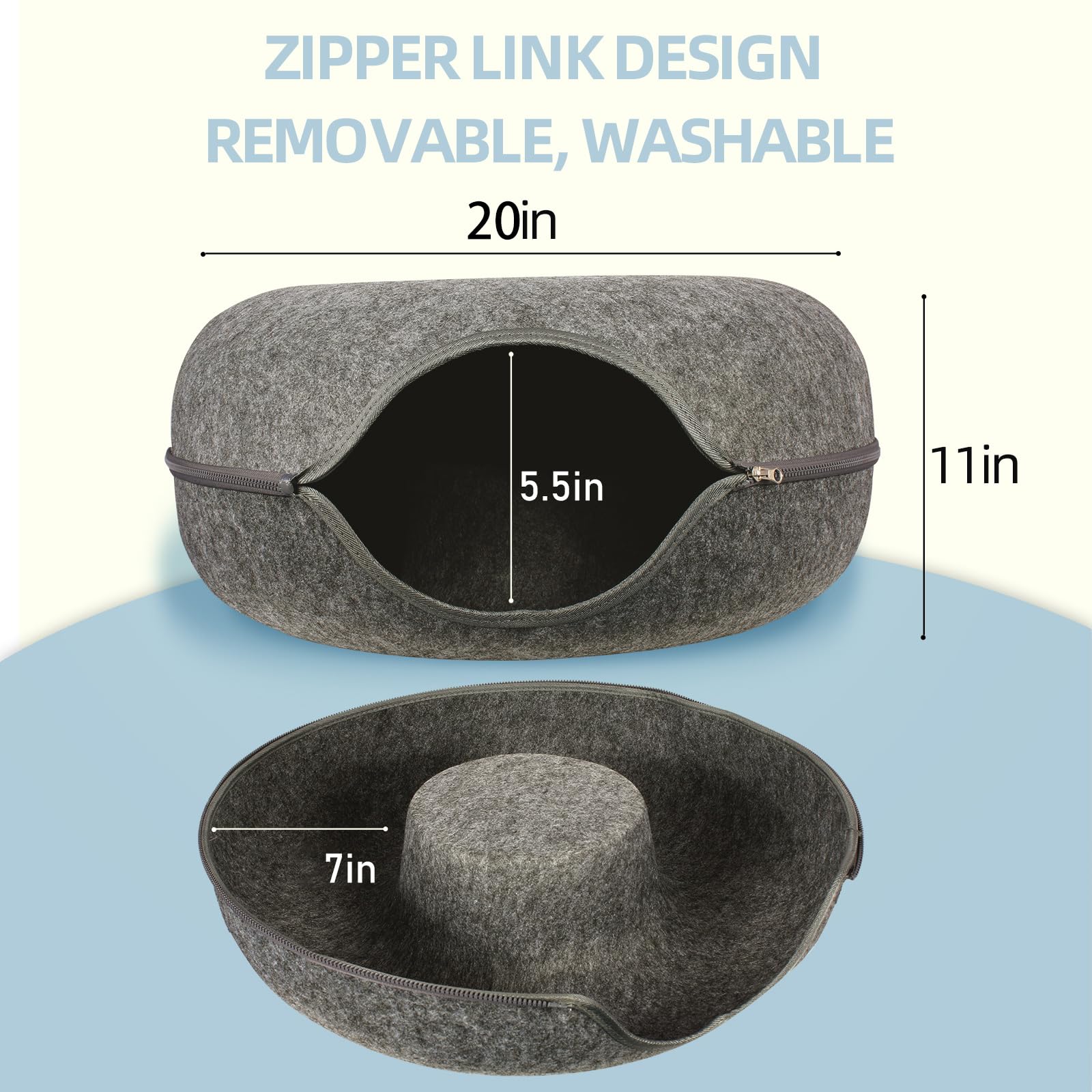 Cat Tunnel Bed for Indoor Cats - Large Peekaboo Cat Cave & Hideaway with Foldable Donut Design, Detachable Round Felt & Washable Interior (20x20x9 inches, Medium, Dark Gray) - Perfect for Playtime, Napping & Stress Relief