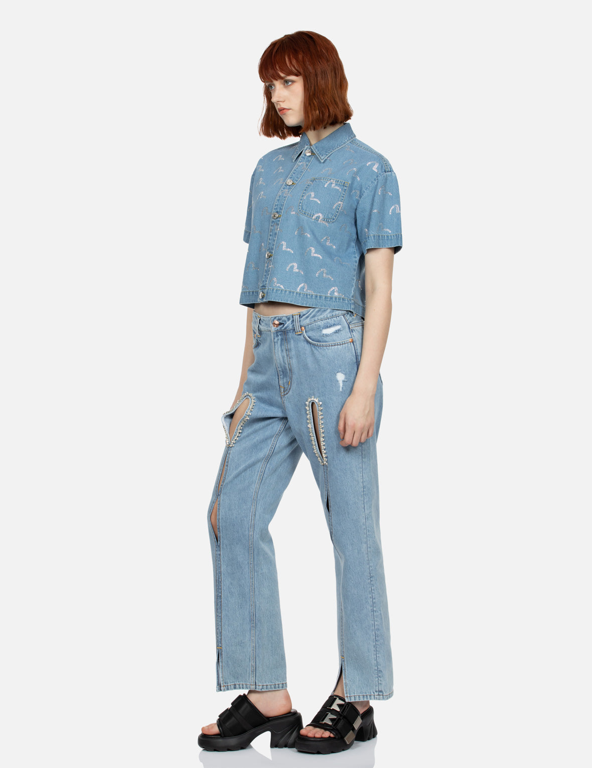 Sparkling Rhinestone Seagull Embroidered Denim Shirt for Women - Trendy Distressed Fit Casual Top for Beach Outings & Nightlife
