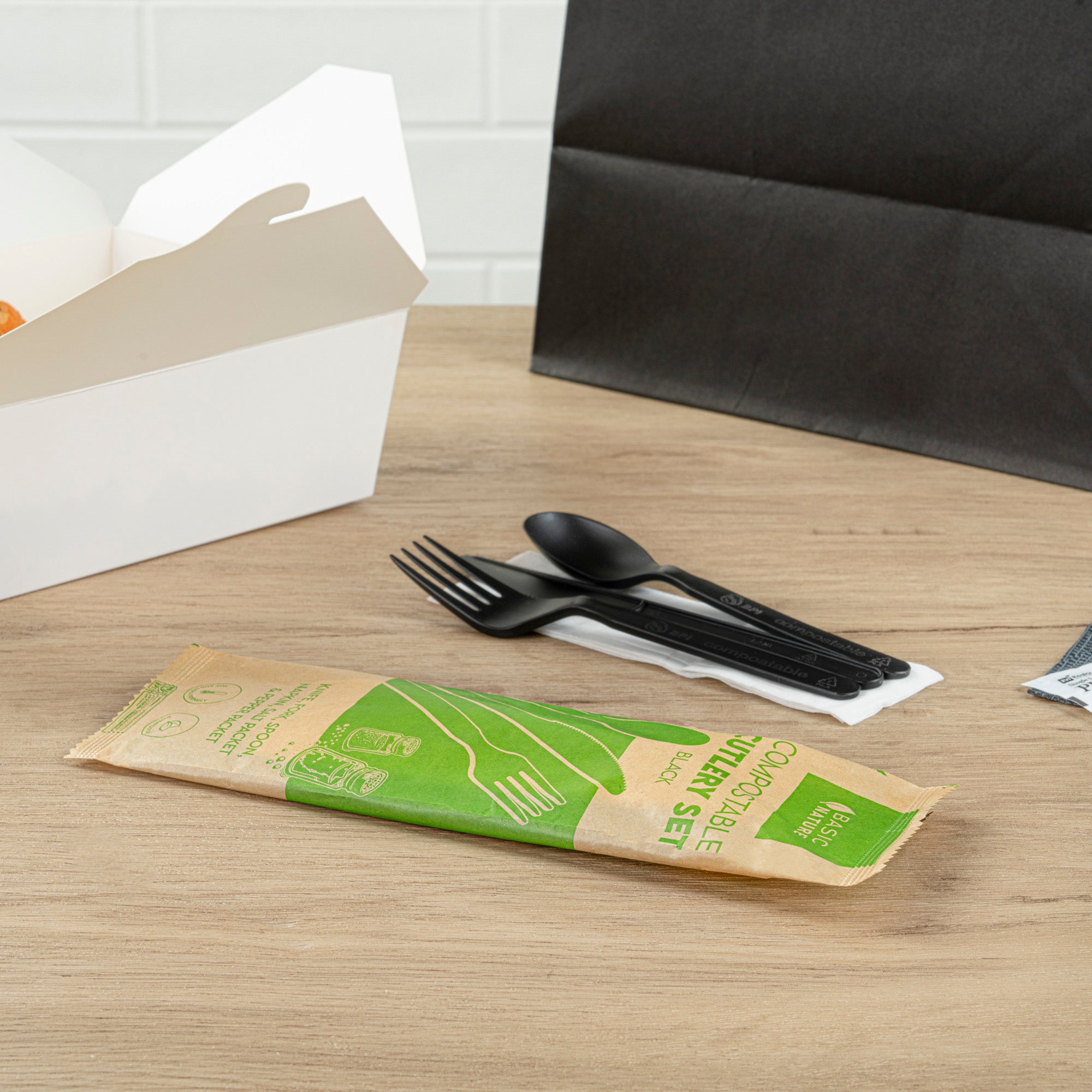 Eco-Friendly Black PLA Plastic Cutlery Set with Napkins & Salt/Pepper Packets - 500 Count Compostable Cutlery Kit (6.25