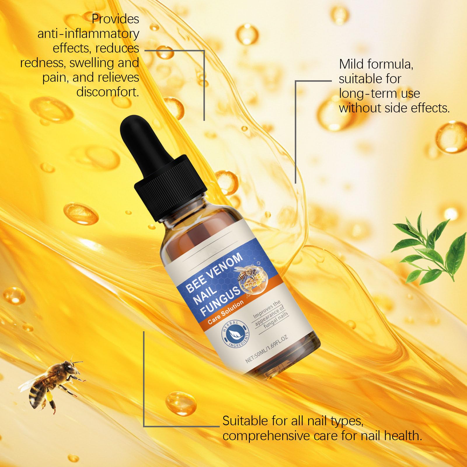 Extra Strength Bee Venom Nail Treatment - 7-Day Toenail Repair with 2 Nail Brushes | Gentle Care for Ingrown Toenails & Foot Cleaning Solution | 50ml/1.69oz | Perfect for Athletes, Pedicures & Daily Foot Care
