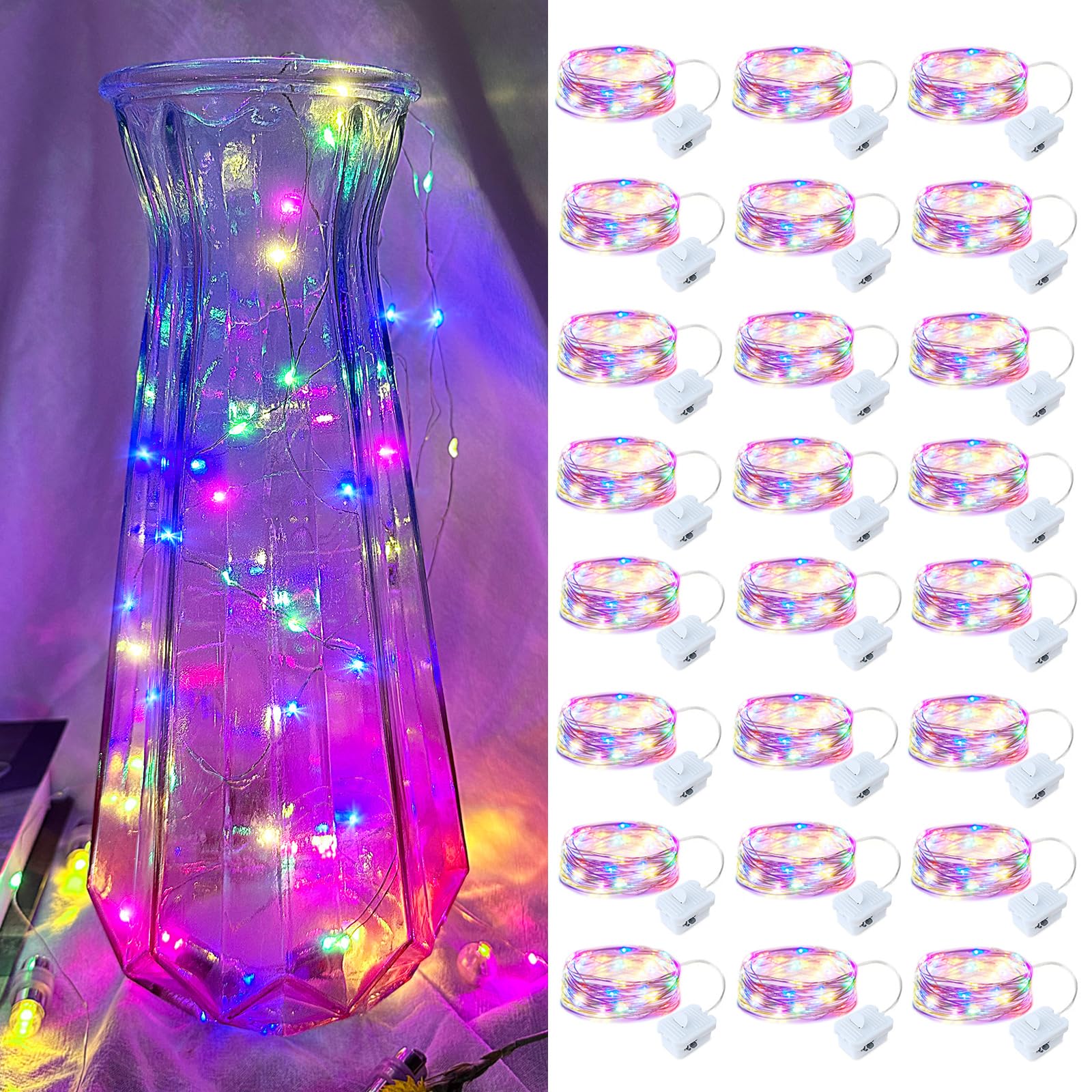 24 Pack LED Fairy Lights - Multicolor Battery Operated String Lights, 7FT 20LED Waterproof Twinkle Lights for Mason Jars, Christmas Decor, Bedroom, Wedding & Party Decorations (Silver Wire, Mini Firefly Starry Effect)