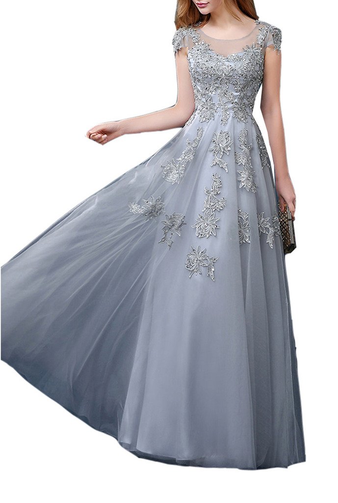 Emanni Women's A-Line Long Applique Short Sleeve Formal Evening Dress - Elegant Prom, Wedding Guest & Cocktail Party Gown