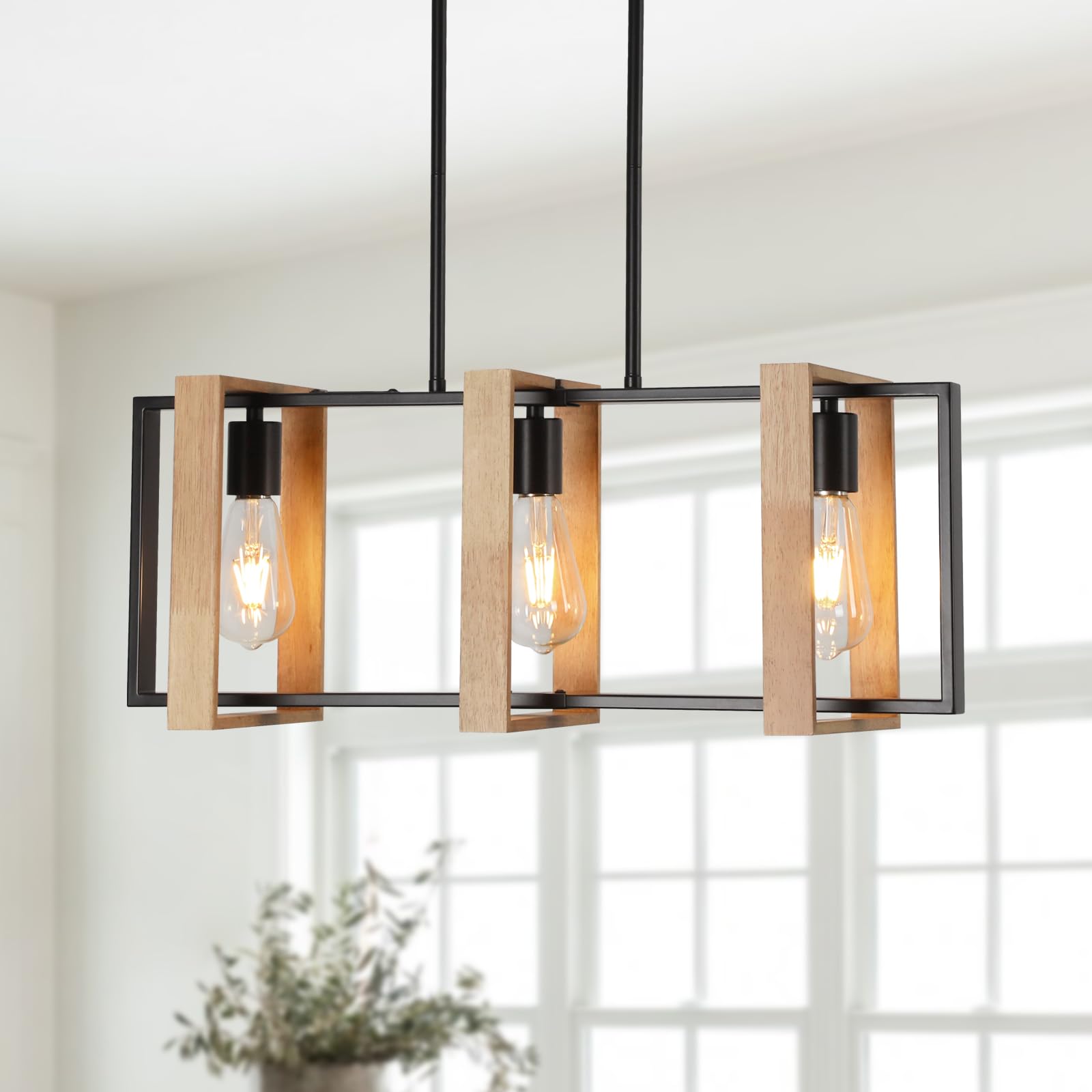 Farmhouse Kitchen Island Pendant Lights - Adjustable 3-Light Black Wood Hanging Fixtures for Modern and Rustic Kitchen Decor