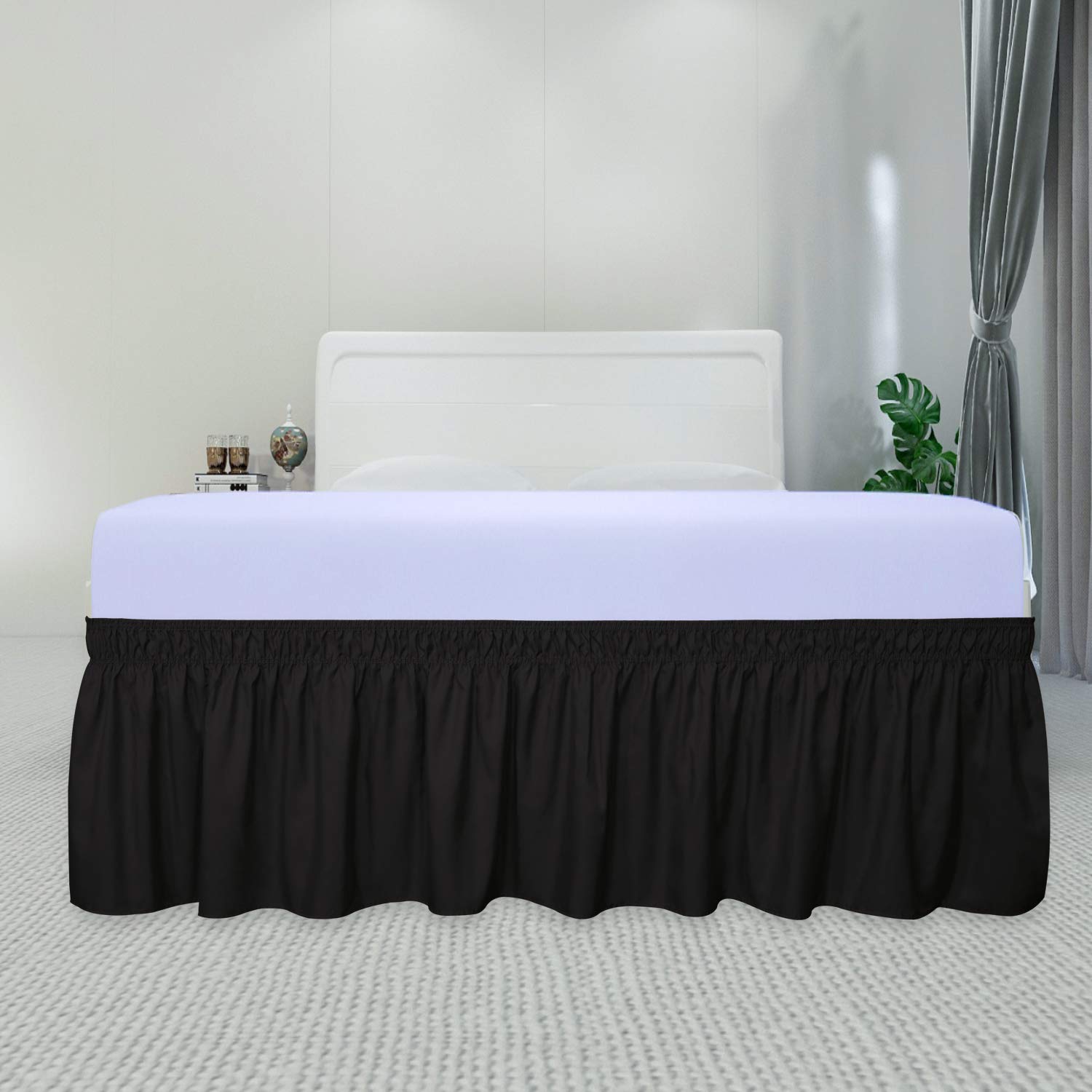 PureFit Adjustable Elastic Wrap Around Ruffled Bed Skirt - 14 Inch Drop, Wrinkle-Free Dust Ruffle for Queen, King & California King Beds | Easy Installation Bed Frame Cover in Black | Perfect for Hotel, Guest Room & Master Bedroom Decor