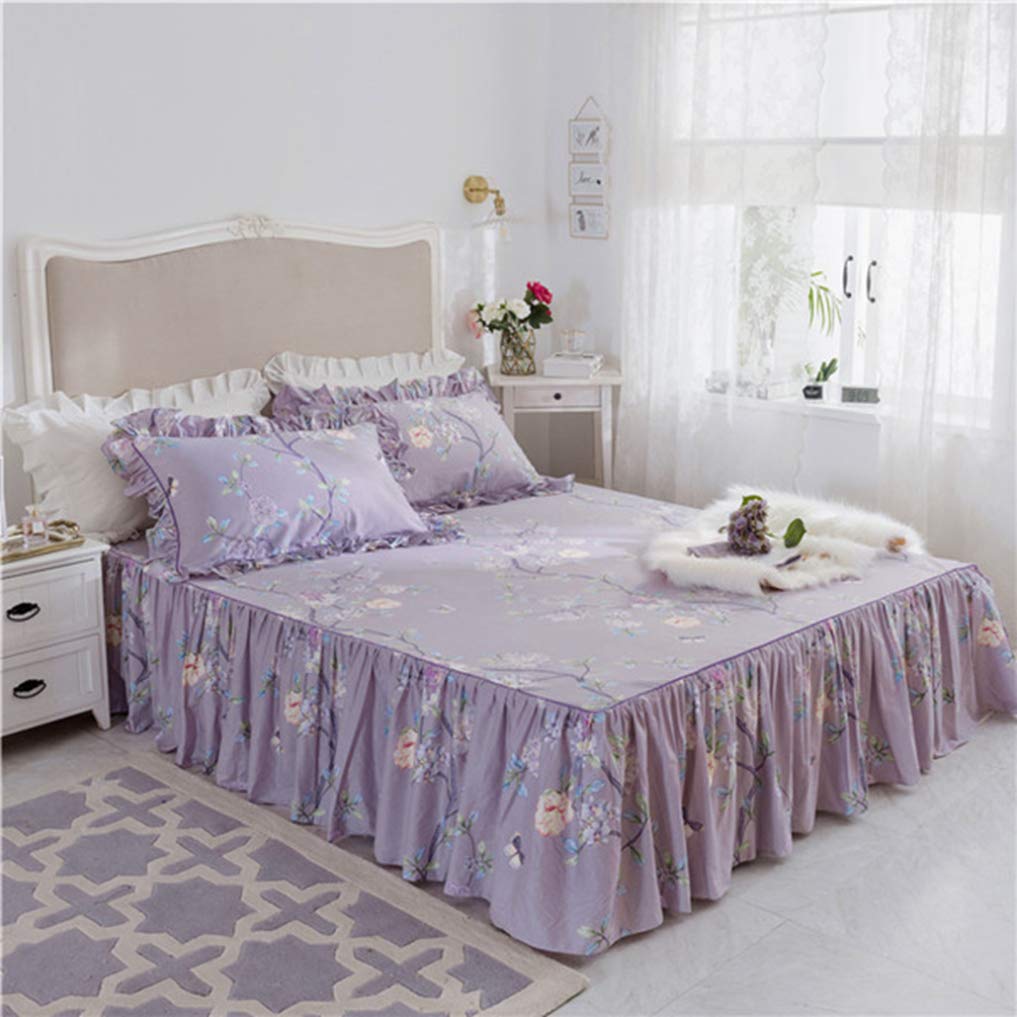 YURASIKU Cotton Bed Skirt Set with Floral Printed Pillowcase & Bedspread - Full/Queen/King Size Bedding for Master Bedroom & Guest Room Decor