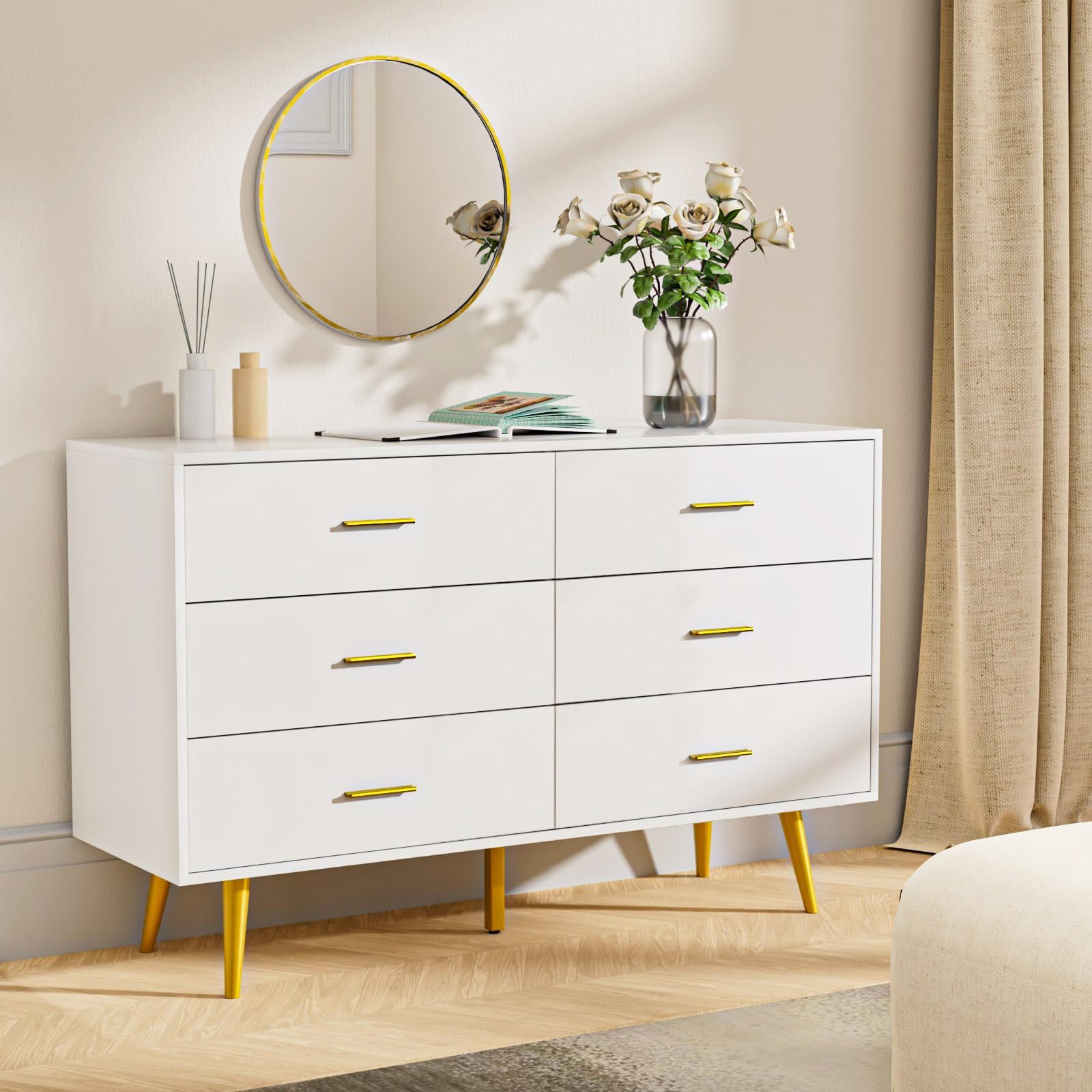White Dresser for Bedroom - 6 Drawer Chest with Gold Metal Handles, Wide Storage Drawers, Modern Wood Dresser for Hallway, Entryway, Living Room | Perfect for Organizing Clothes, Bedding & Home Decor in Small Spaces