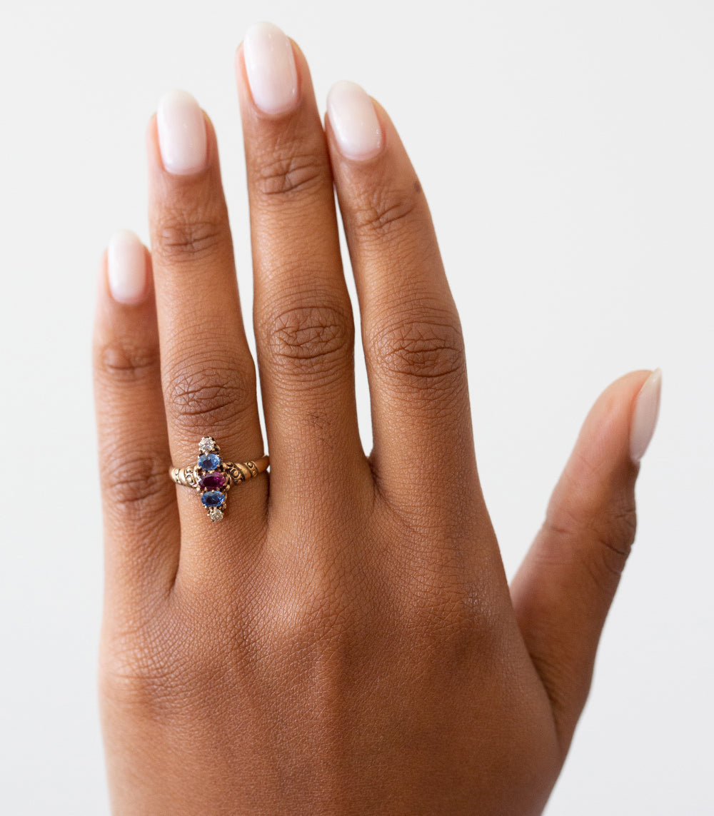 Victorian Style Candy Stripe Ring with Sapphire, Garnet & Diamond Gemstones - Elegant Jewelry for Weddings, Parties & Special Occasions