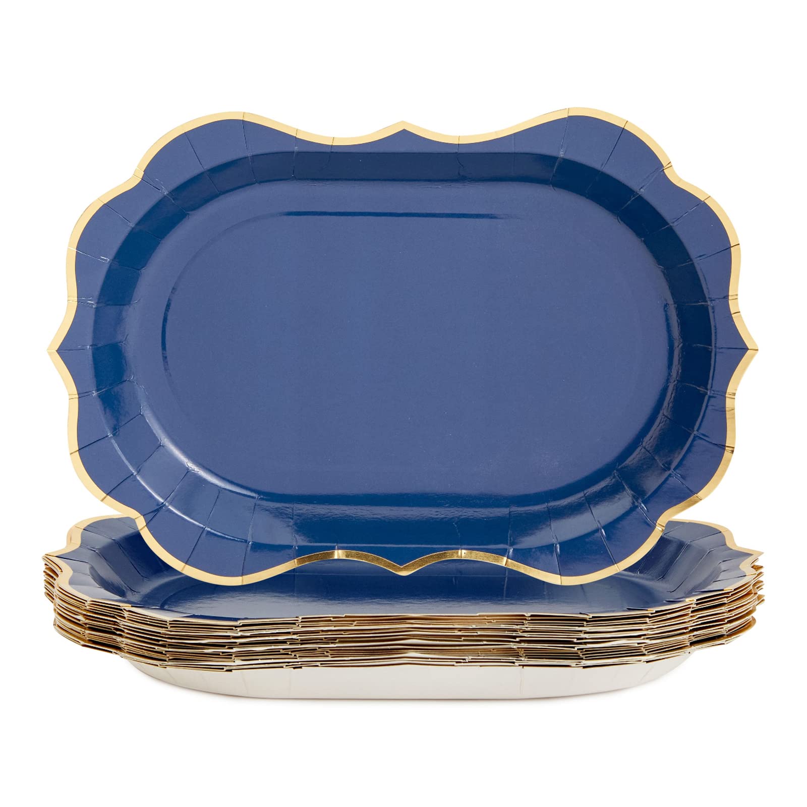 24 Pack Metallic Blue Party Serving Trays with Scalloped Gold Foil Edge - 13 x 9 Inch Disposable Plastic Platters for Birthday, Wedding, Baby Shower & Holiday Events - Elegant Appetizer & Dessert Trays for Catering & Buffet Serving